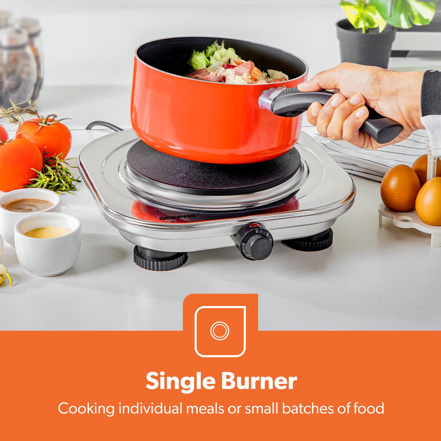 موقد كهربائي مفرد من جيباس – 1500 واط، ستانلس ستيل، تحكم حراري قابل للتعديل، حماية من الحرارة الزائدة (GHP32023)