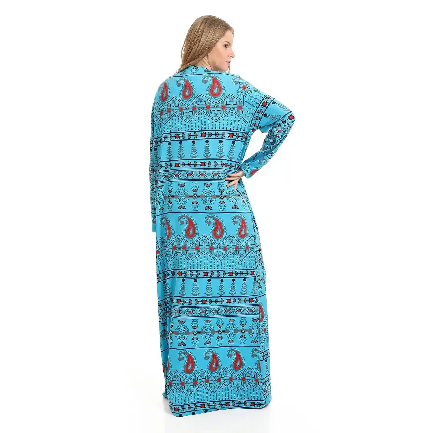 kady-Women-Buttoned Long Sleeves Multi-Patterns Long Nightgown -turquoise-m