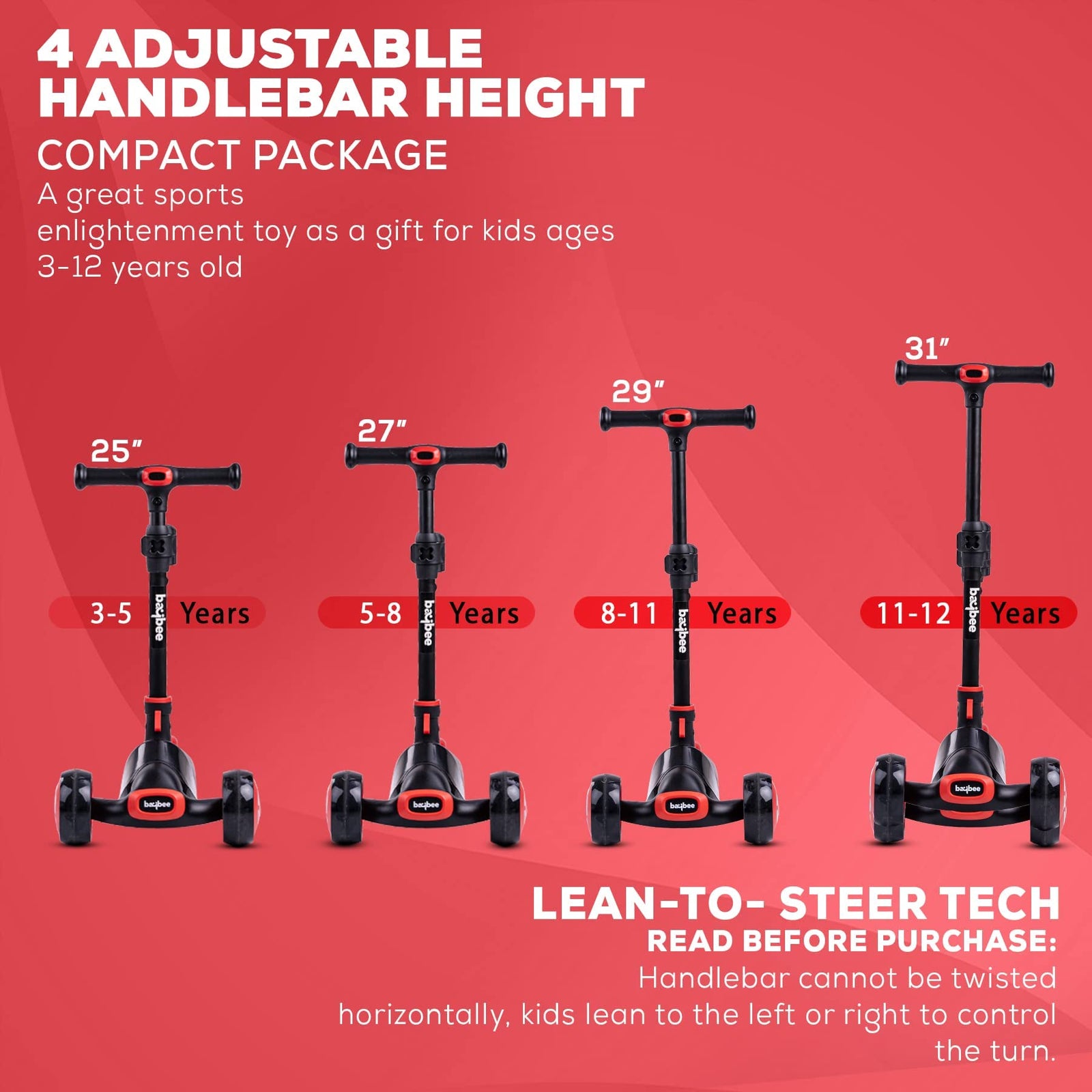 Baybee Enzo 3-Wheel Kids Scooter – Foldable with LED Wheels