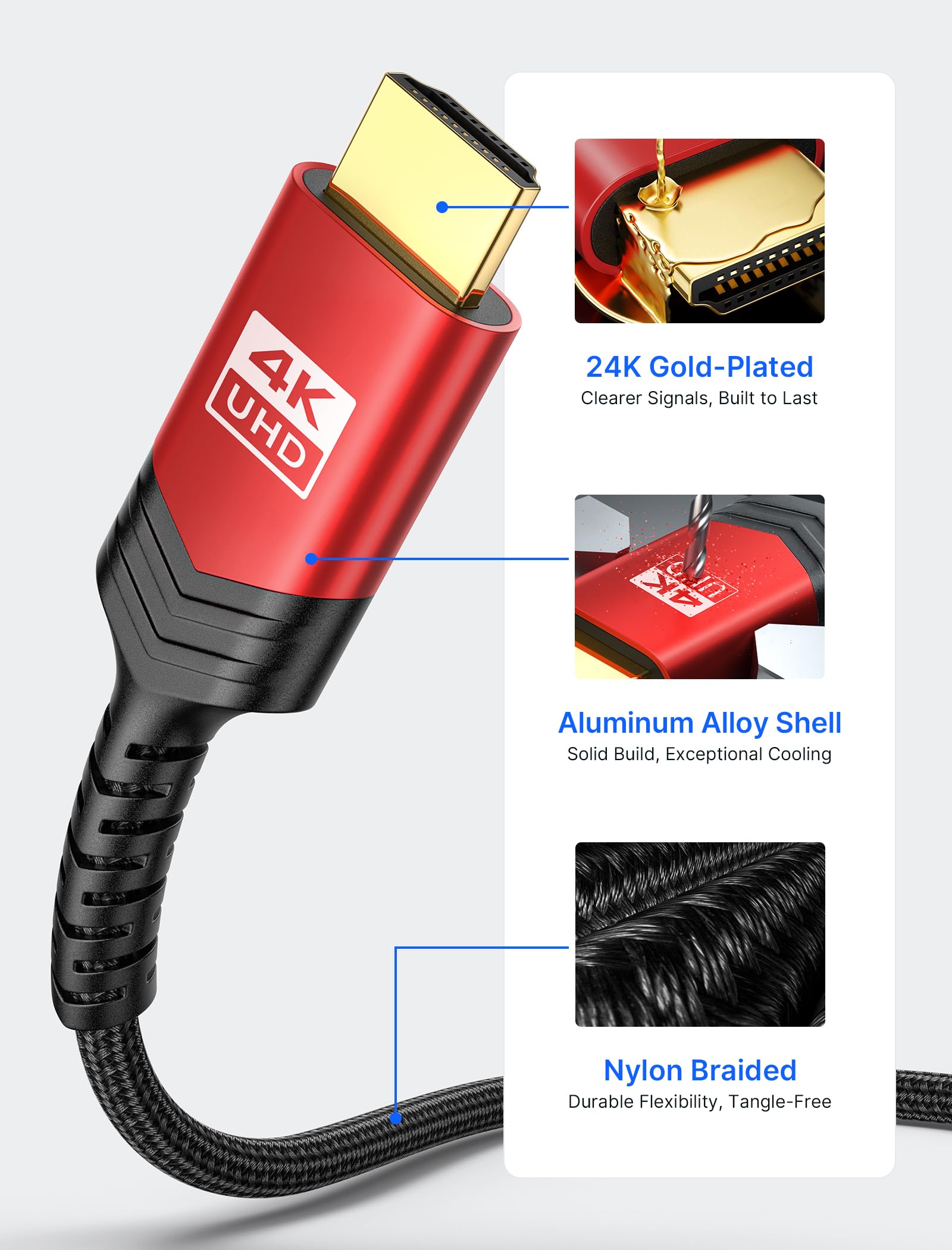JSAUX 8K HDMI Male to HDMI Male Cable 2.1 10ft,Braided Cord, Model cv0011 4K @ 120Hz 144Hz, 8K @ 60Hz, HDCP 2.2 & 2.3, HDR 10, eARC Compatible with Laptop Monitor UHD TV PS5 PS4 Dolby -Red