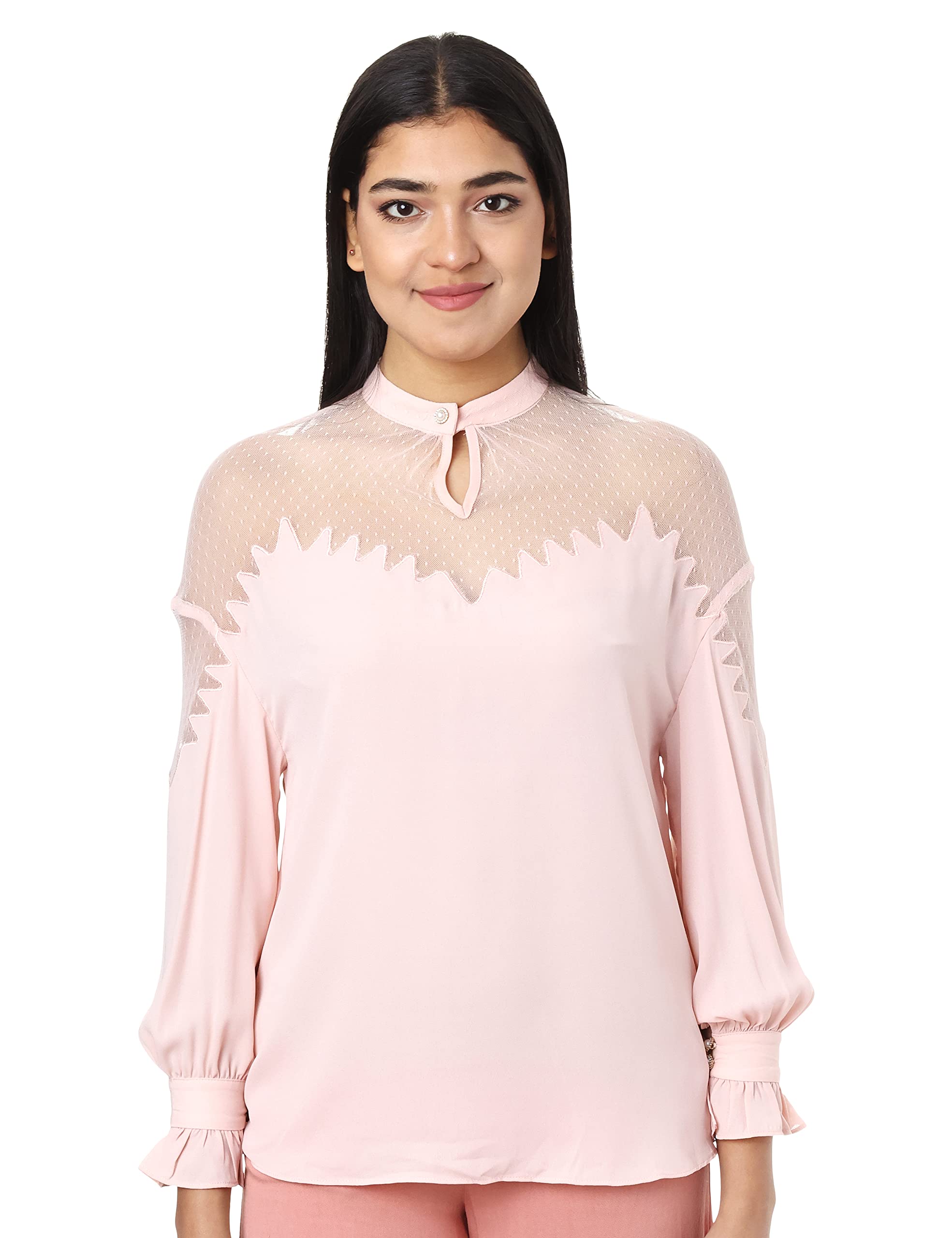 Elle Buttoned Neck Sheer Basic Blouse for Women