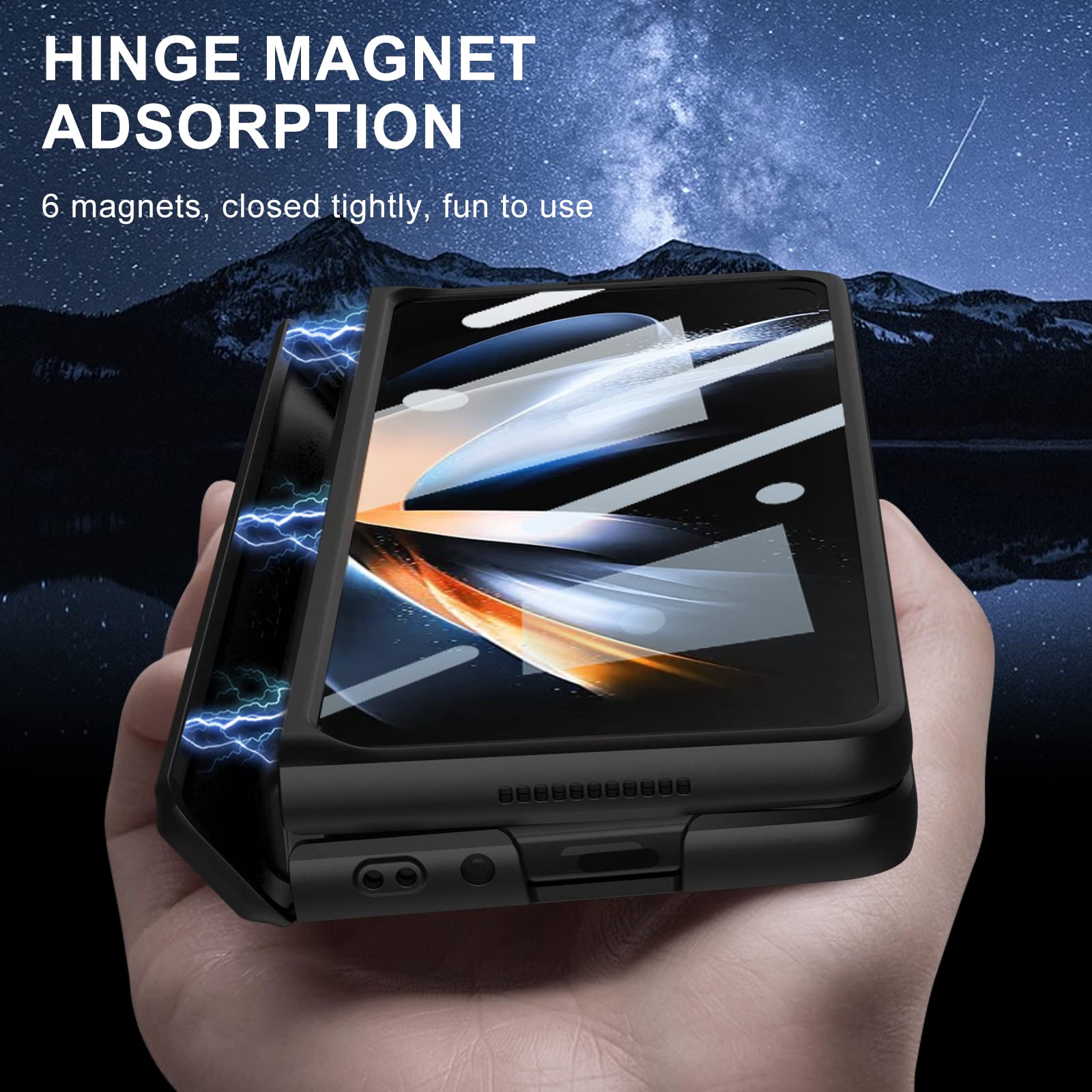 جراب PUROOM لهاتف Samsung Galaxy Z Fold 4 مزود بمسند مدمج من البولي كربونات مزود بغطاء مضاد للصدمات مغناطيسي بالكامل لهاتف Samsung Galaxy Z Fold 4 5G (أسود)