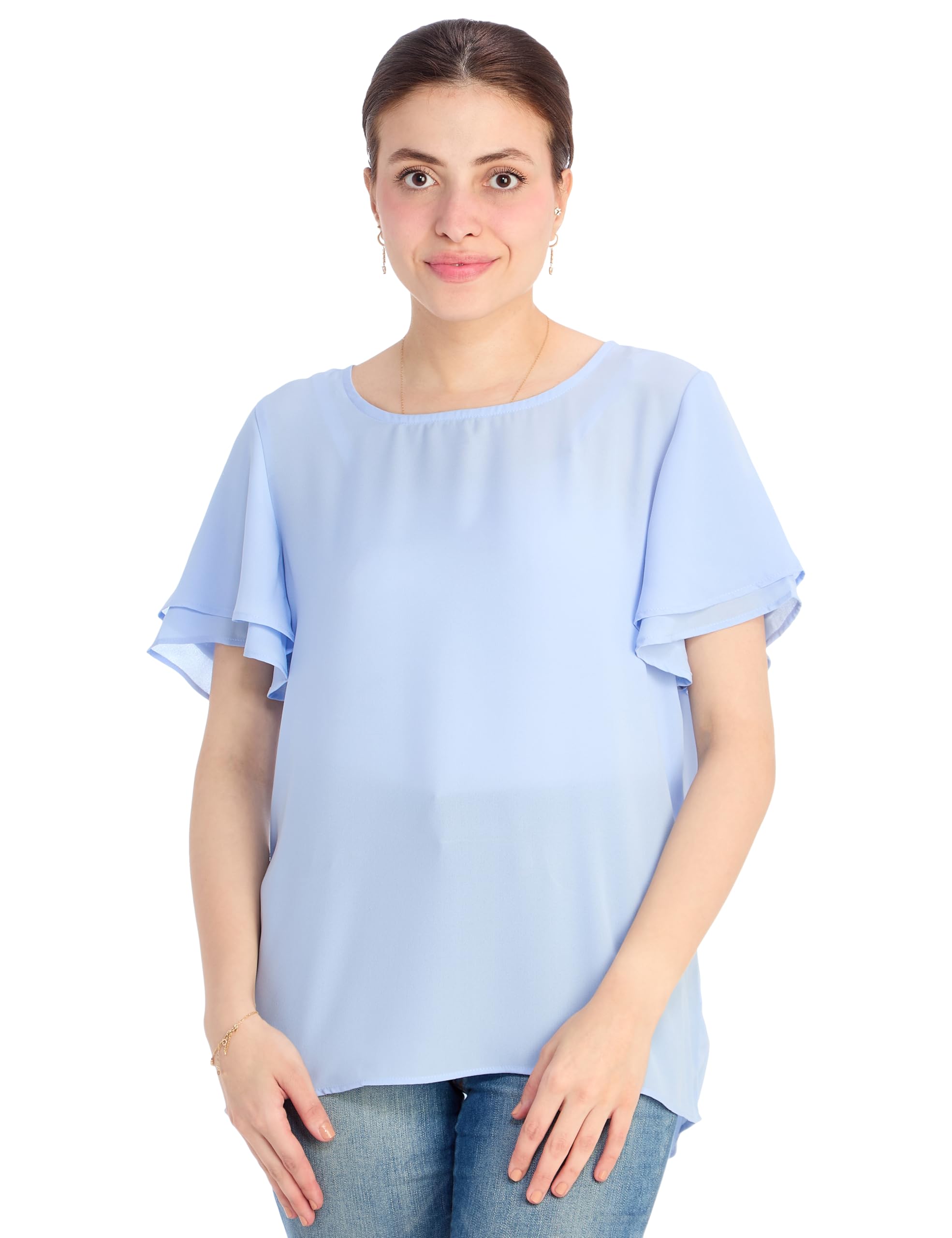 DeFacto Woman Regular Fit Crew Neck Short Sleeve Blue Woven Top Short Sleeve Blouse
