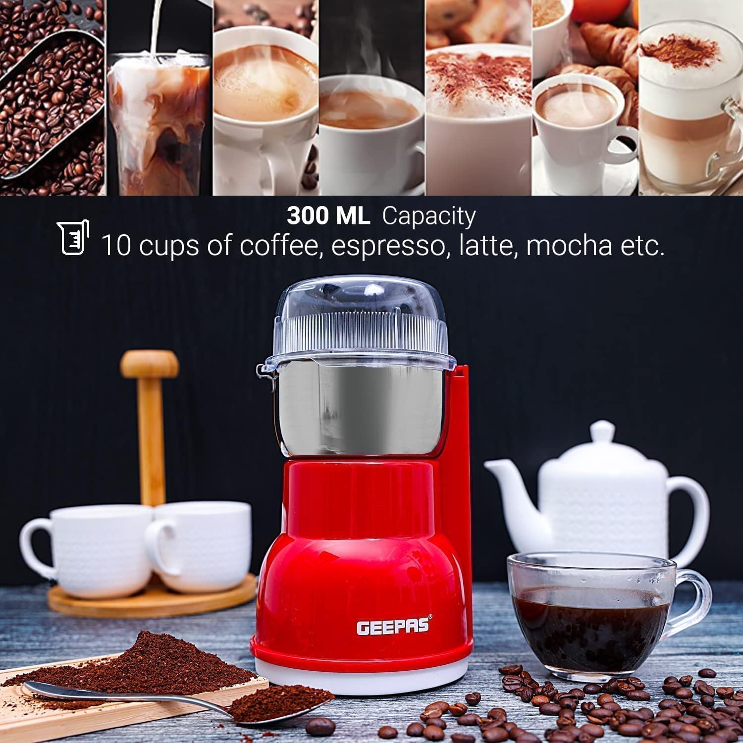 Geepas 180W Electric Coffee Grinder - Stainless Steel Blade |Stainless Steel Cup for Grinding, Overheat Protection | Removable Steel Bowl