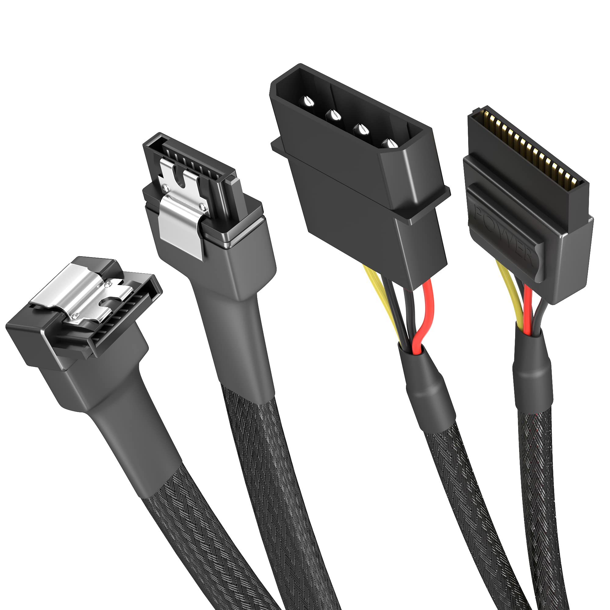 KabelDirekt 827 0.6m 30cm 4-pin Molex to 15-pin SATA power cable + 60cm 7-pin 3 data 6 Gbit/s angled 90 ° black