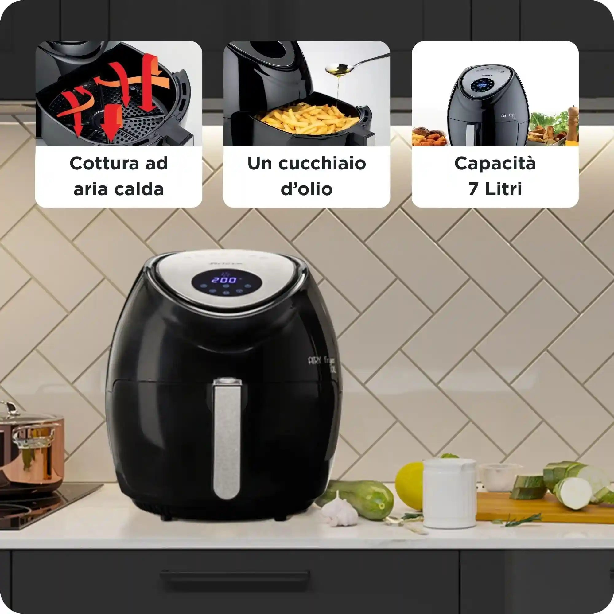 Ariete Airy Fryer 4618, Air Fryer, Fries 2.5 kg of French Fries, 7 Liters, Cooking Without Oil and Fat, 1800 Watts, Black