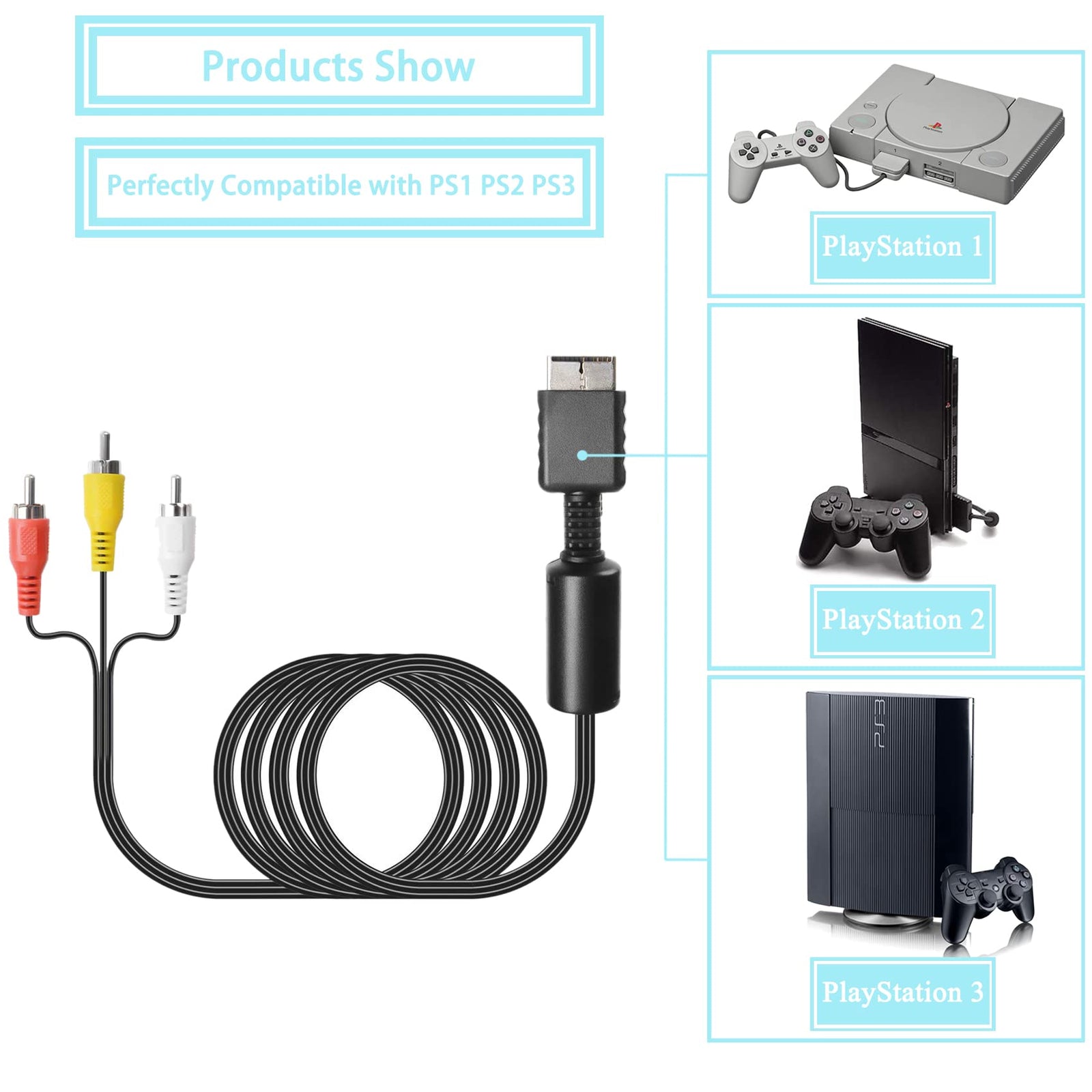 JINHEZO Playstation 3 Audio Video Cables - Game Console Component Accessories Connection Cord, RCA AV to TV Cable for Playstation, PS 1, PS 2, PS 3, Slim 2, Slim 3, 6 feet 1 Pack (Not HDMI
