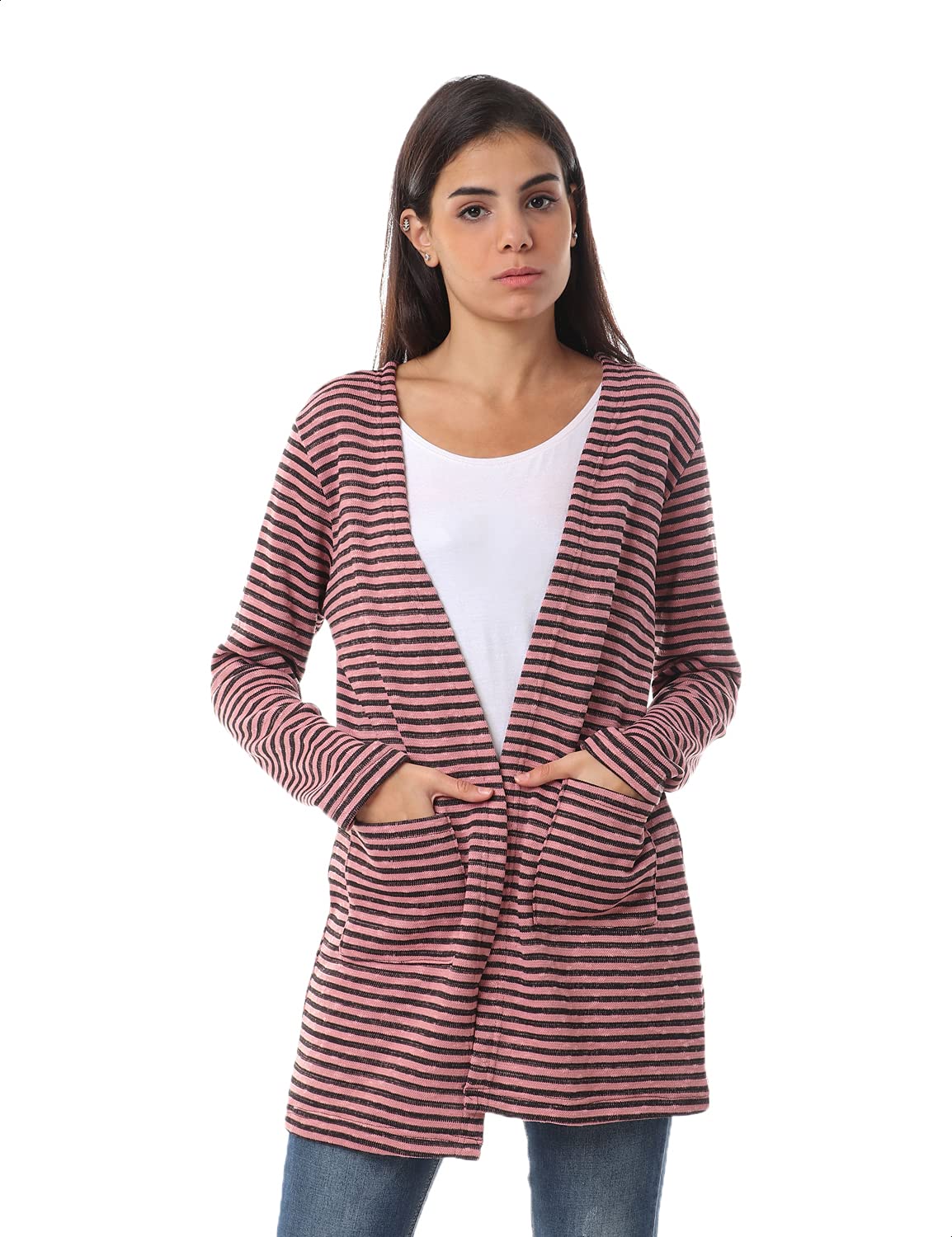 Jamila Women Hairline Stripes Front Pockets Long Sleeves Open Cotton Cardigan