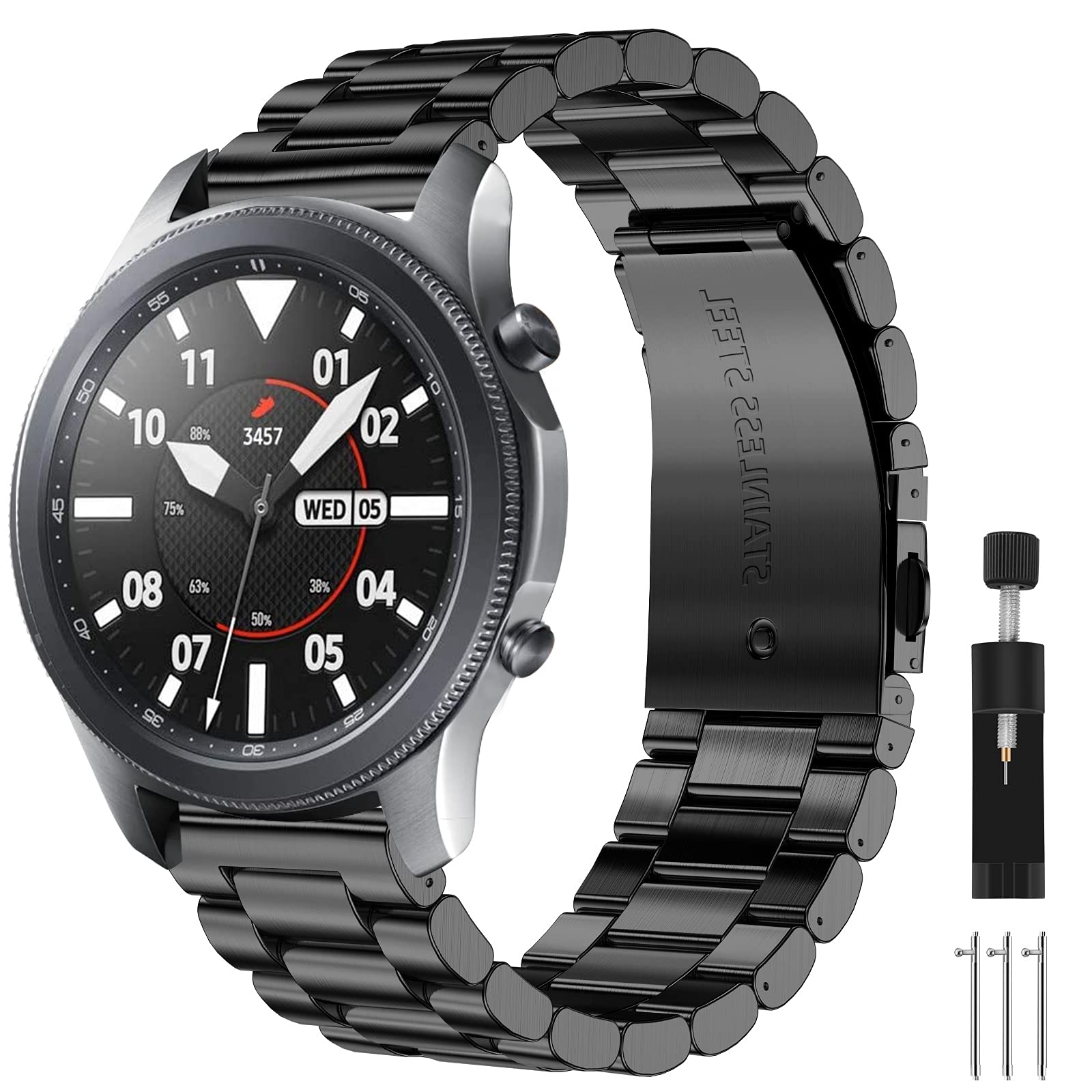 CAVN 22mm 20mm Strap Compatible with Samsung Galaxy Watch 3/ Galaxy Watch/Huawei GT 2, Stainless Steel Replacement Strap Adjustable Band Metal Strap for Galaxy Watch 3