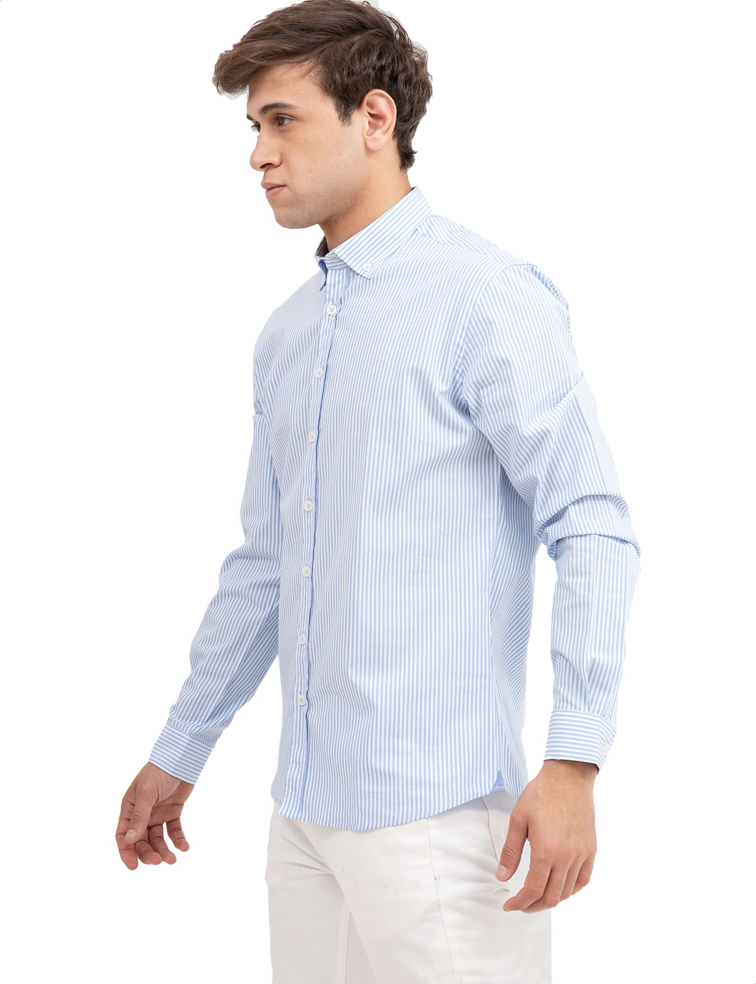 Premoda Long Sleeves Striped Button-Down Shirt for Men - Light Blue and White