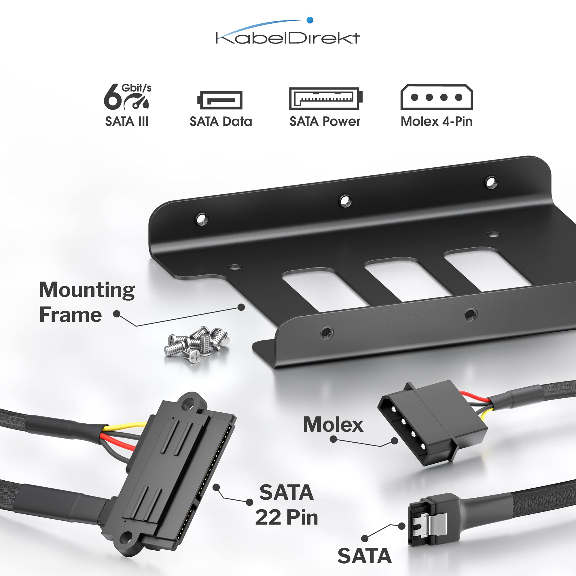KabelDirekt 825 0.6m SSD/HDD installation frame + 30cm 22-pin SATA to 4-pin Molex power cable and 60cm 7-pin 3 data 6 Gbit/s 8 screws (crosshead) black