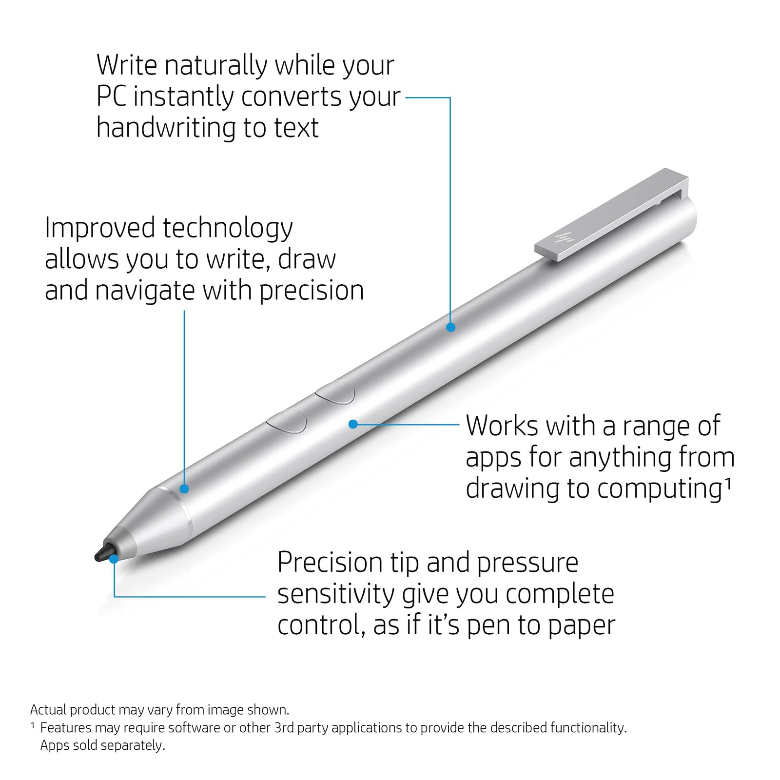 HP Pen Stylus with Pressure Sensitivity for Windows Pen Enabled Laptops, 18-Month Battery Life Precision Function Buttons Premium - Silver