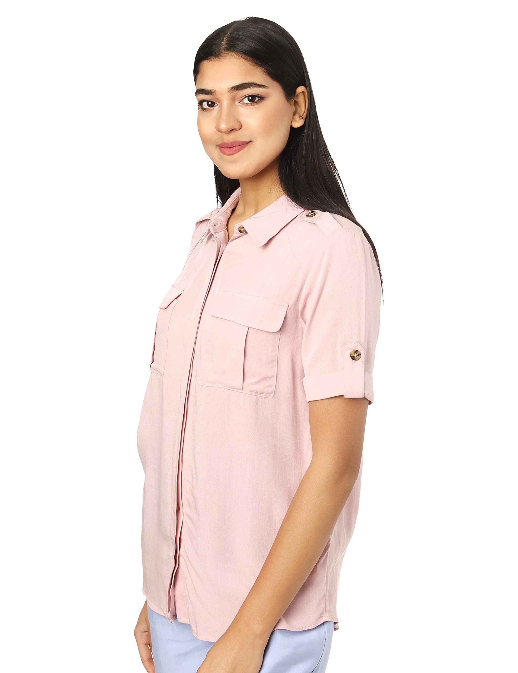 Splash Chest Pockets Roll-Up Sleeves Shirt for Women