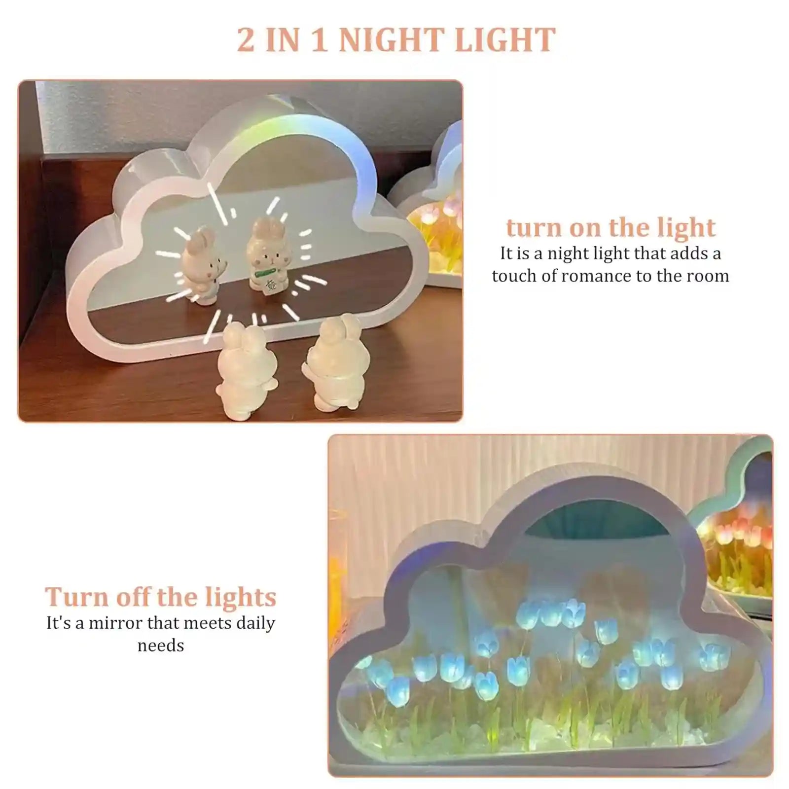 Bolivia's DIY Tulip Night Light, 20 Flowers Cloud Lamp, 2-in-1 Mirror With Lights, Simulation Flower Bedroom Sleeping Table Lamp - Safqqa Egypt