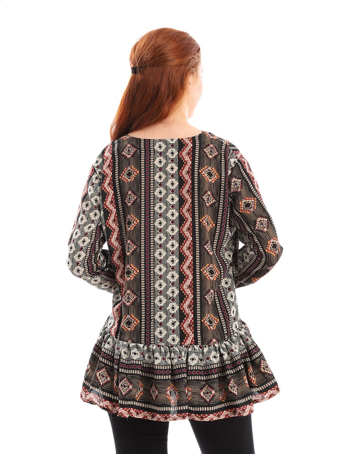 Andora Patterned Wide V-Neck Front Button Long Sleeves Blouse for Women