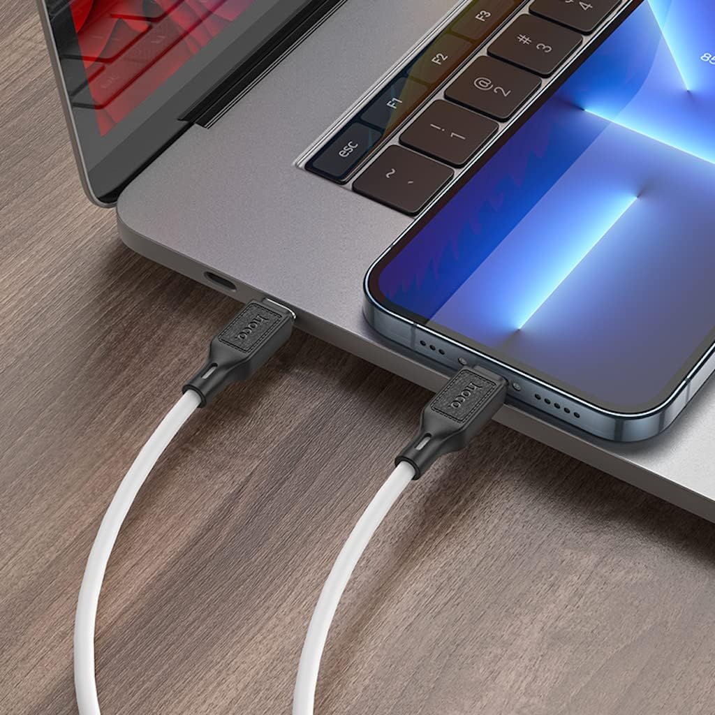 Hoco X90 - Cool PD Silicone Fast Charging And Data Transmittion Cable (20W - 1M), USB-C To Lightning Plug, Compatible With Apple iPhone iPad Airpods - White - Safqqa Egypt