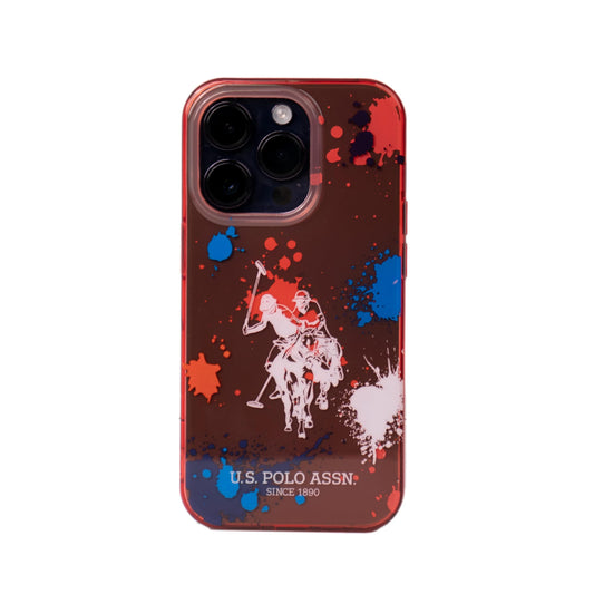 جراب CG MOBILE USPA PC/TPU بنمط رش وشعار حصان خفيف الوزن/أنيق/كلاسيكي/حماية من الصدمات/مقاوم للخدش متوافق مع iPhone 14 Pro max 6.1 بوصة (أحمر)