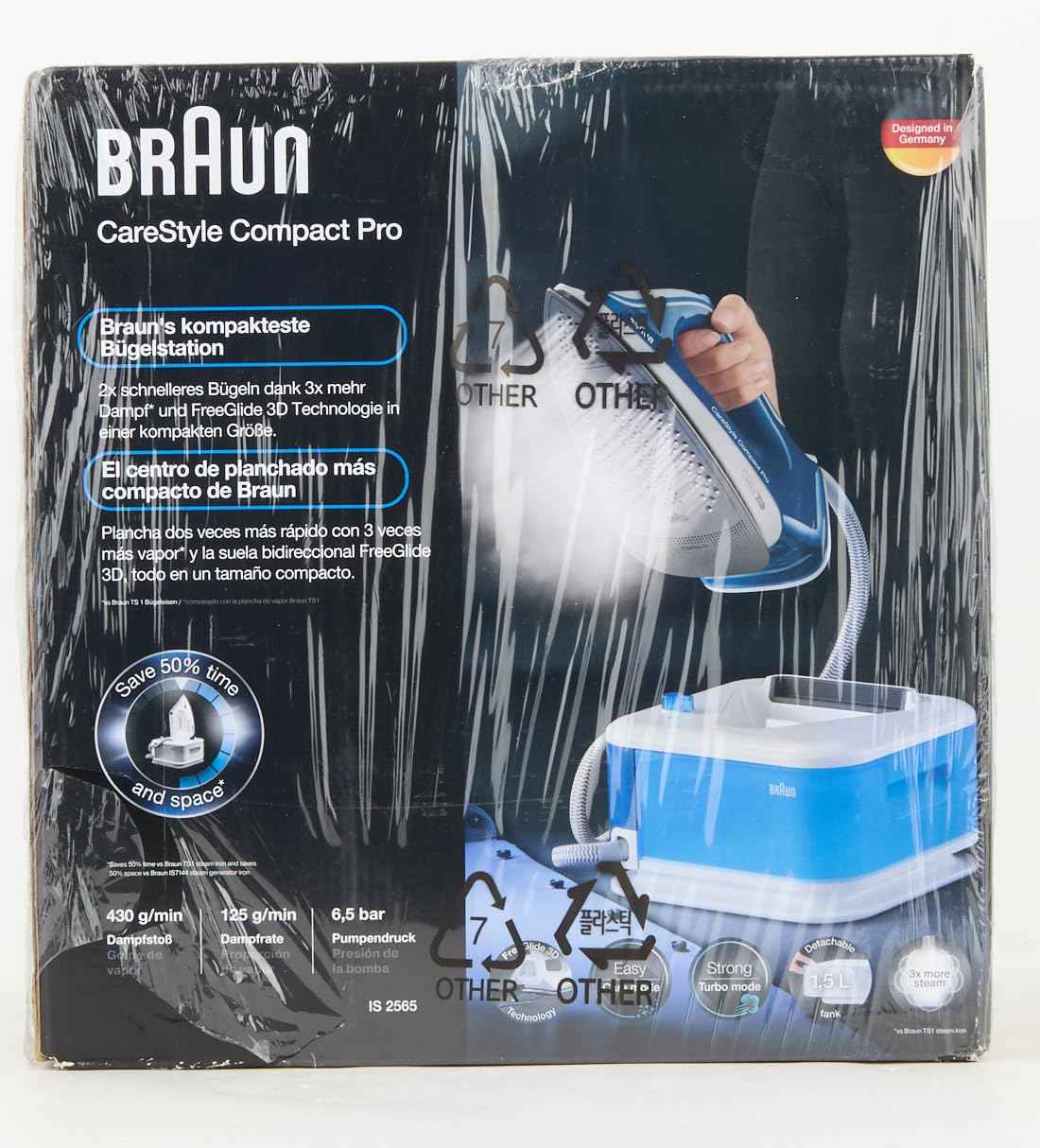 Braun CareStyle Compact Pro IS2565BL Steam Iron with FreeGlide 3D Technology, iCareMode, Eco & Turbo Modes, Vertical Steaming, Anti-Drip, 1.5L Water Tank, 2400W – Blue-Have Scratches - Safqqa Egypt