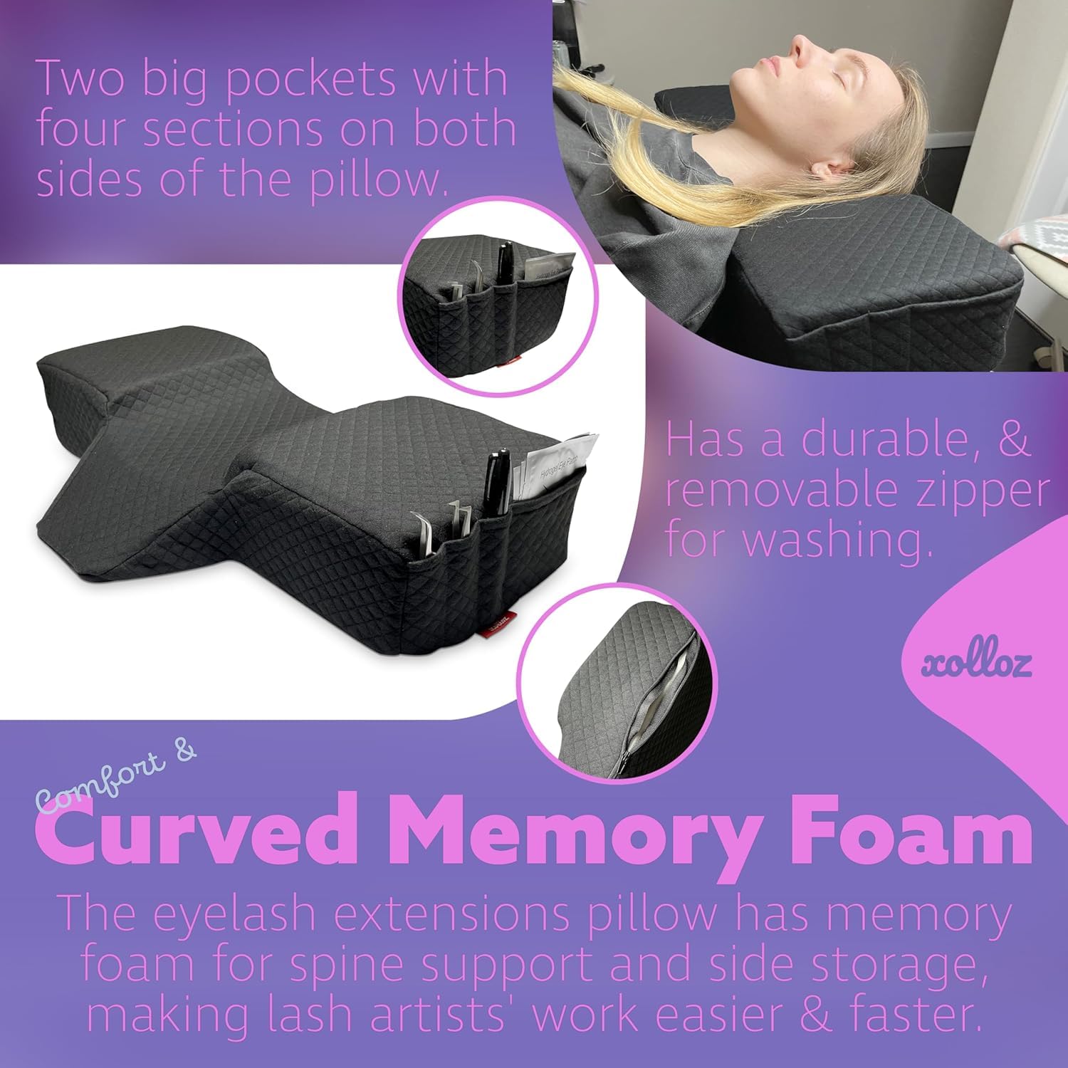 Curved Memory Foam Pillow for Eyelash Extensions – Neck & Back Support with Tool Pockets