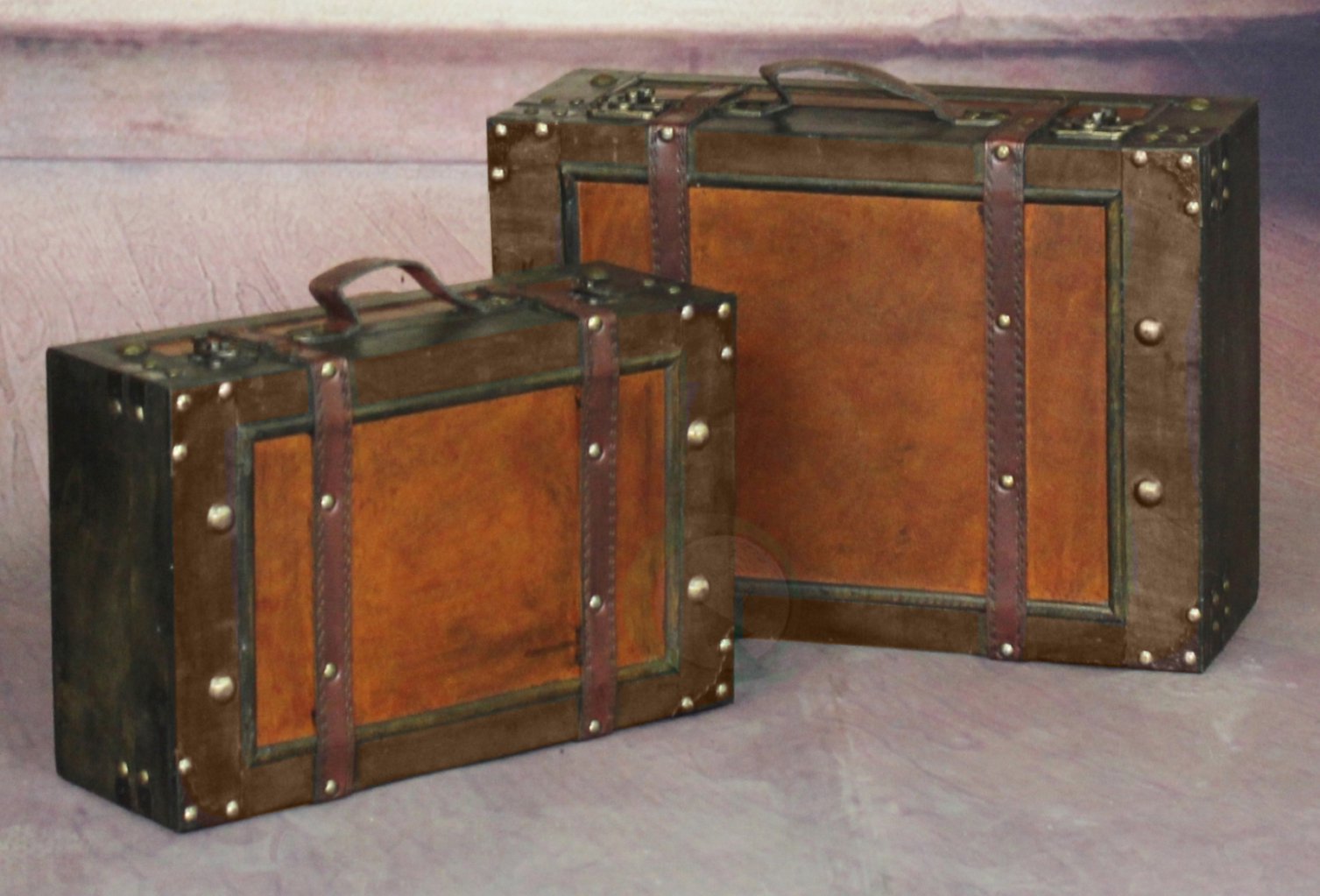 Vintiquewise Old Style Suitcase/Decorative Box with Straps, Wood, Antique Brown, Set of 2 Stackable design for decorative appeal and easy storage.