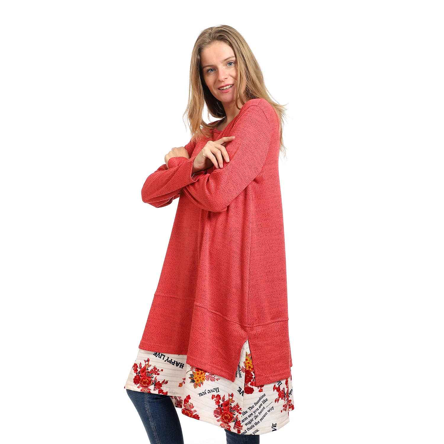 Kady Women crew Neck Solid Tunic Top With Floral Trim - Safqqa Egypt