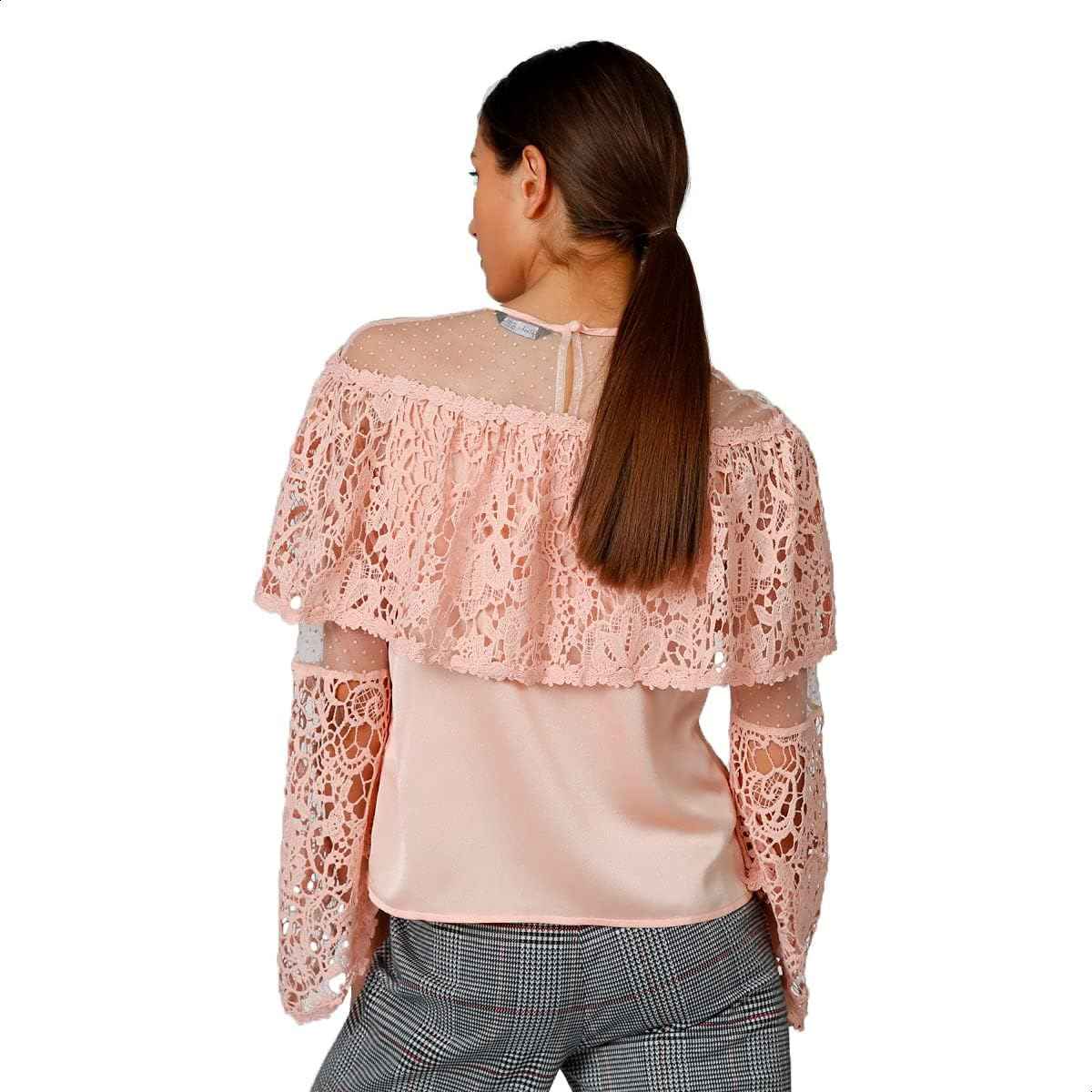Splash Lace Detail Round Neck Sheer Bell Long SLeeves Blouse For Women - Safqqa Egypt