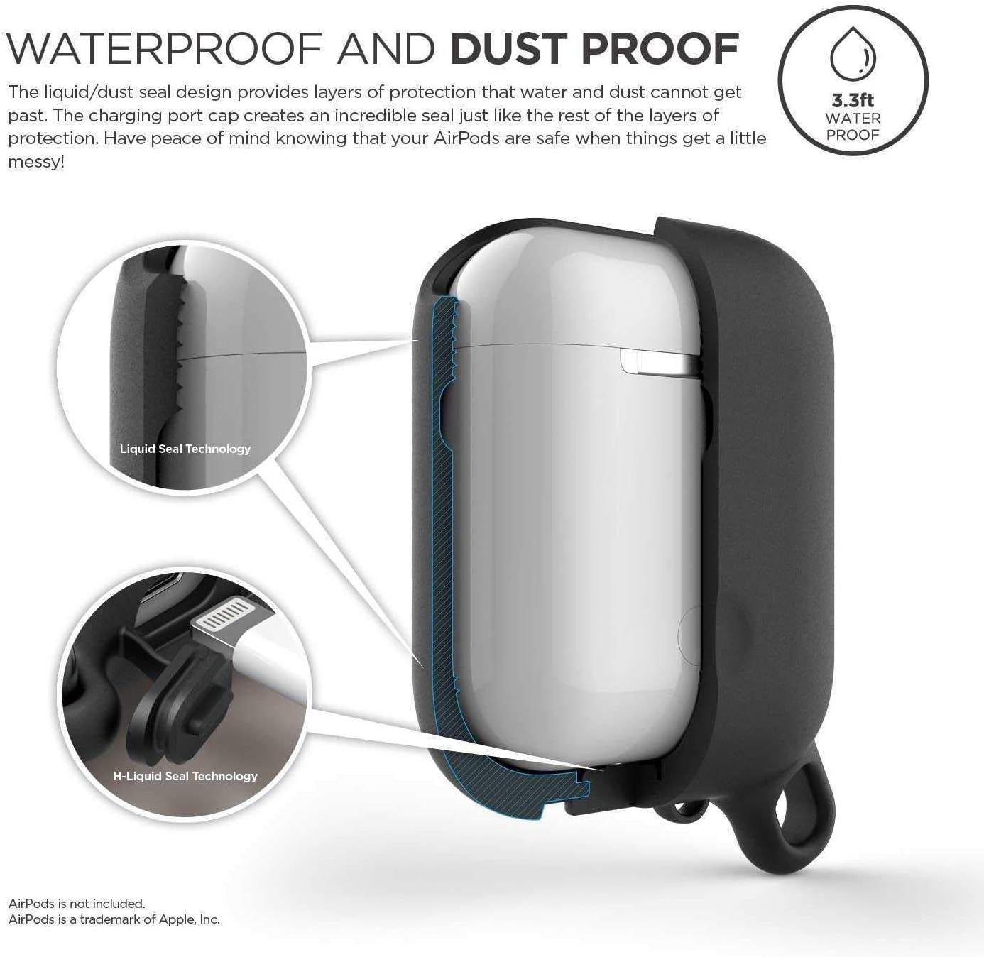 جراب ELAGO المقاوم للماء AirPods المعلقة - أسود