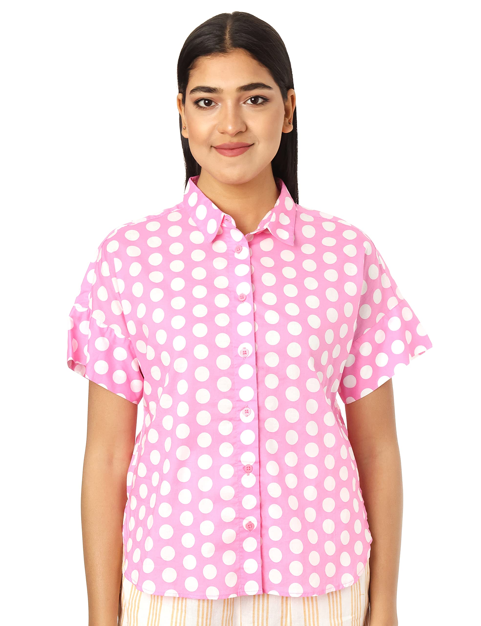 Splash Basic Polka Dot Cotton Short-Sleeve Rounded-Hem Button-Down Shirt For Women