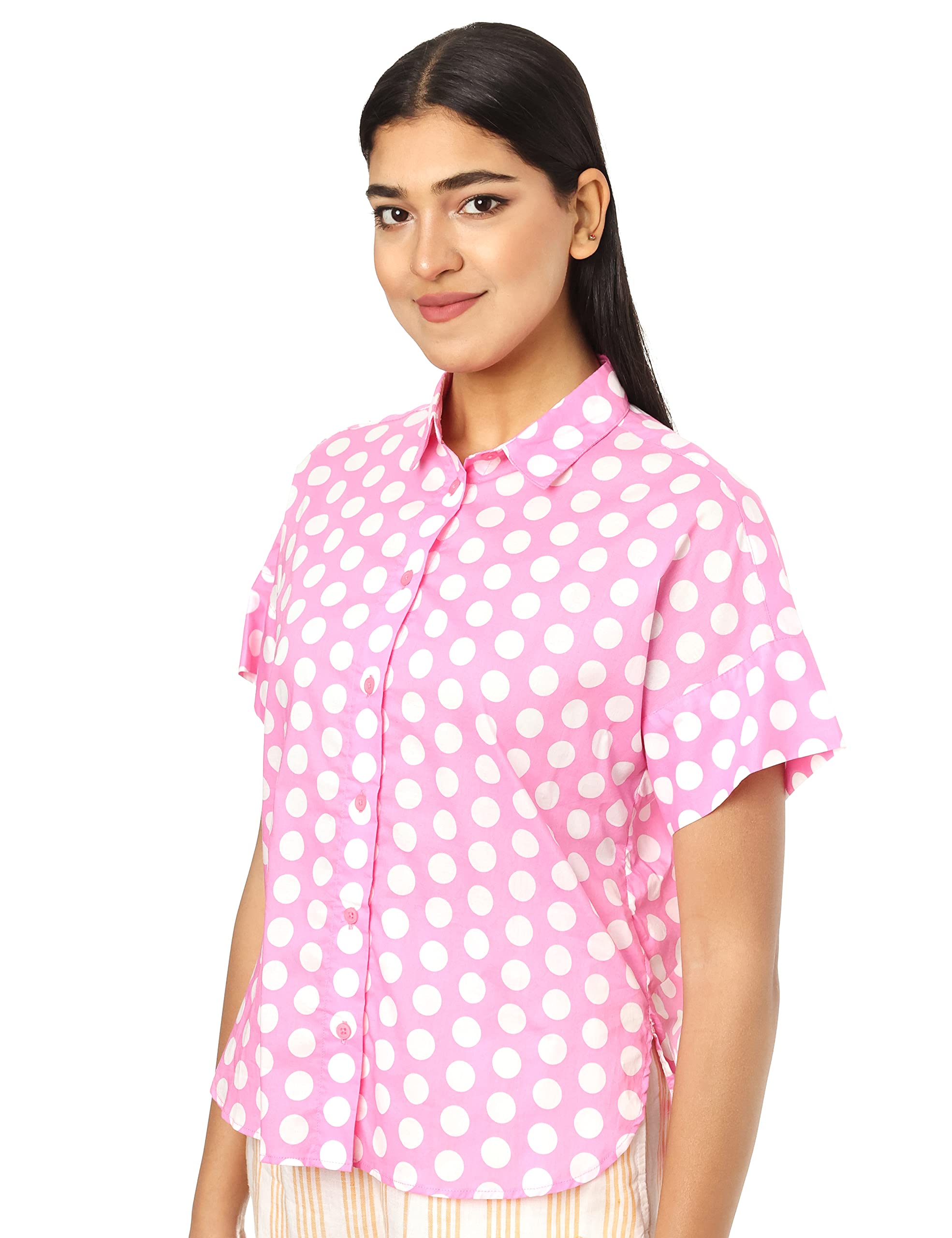 Splash Basic Polka Dot Cotton Short-Sleeve Rounded-Hem Button-Down Shirt For Women