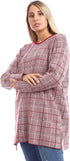 Andora Oversized Plaid Pullover - Round Neck, Burgundy, One Size