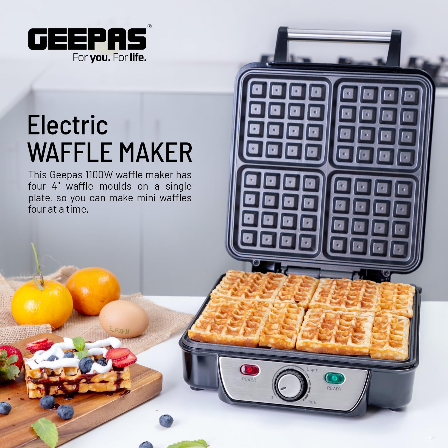 Geepas GWM5417 Electric Waffle Maker 1100W- 4 Slice Non-Stick Electric Belgian Waffle Maker with Adjustable Temperature Control- Have Scratches