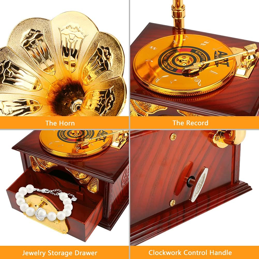 Mystery Vintage Gramophone Music Box, Mechanical Musical Jewelry Box for Girls Women Mom, Retro Table Cafe Bar Home Decor, Birthday Mothers Day Gifts for Mom