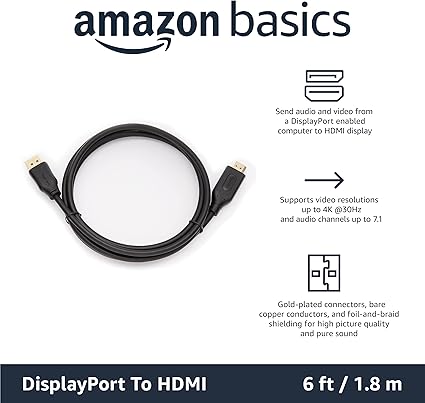 كابل Amazon Basics DisplayPort إلى HDMI – دقة 4K بطول 6 قدم