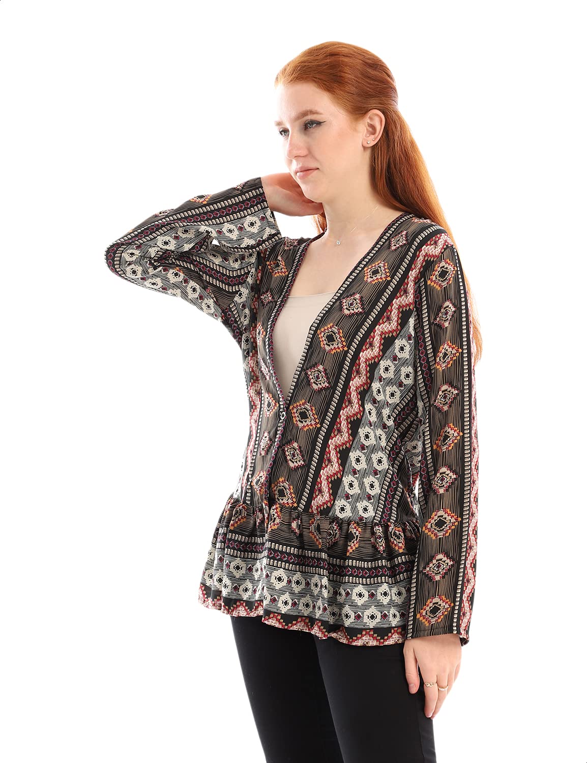 Andora Patterned Wide V-Neck Front Button Long Sleeves Blouse for Women