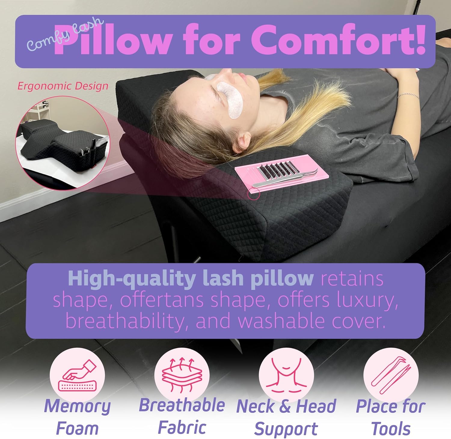 Curved Memory Foam Pillow for Eyelash Extensions – Neck & Back Support with Tool Pockets