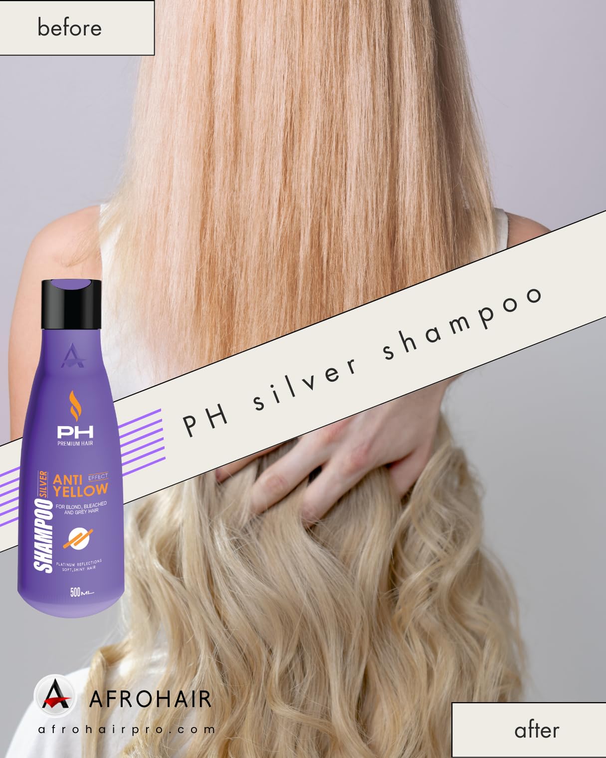  شامبو فضي PH Premium للشعر (500 مل). مصمم خصيصًا للشعر الأشقر، الرمادي، أو المموَّج بالألوان، يساعد هذا الشامبو على معادلة النغمات الصفراء أو الذهبية، ليترك الشعر بمظهر بارد ولامع ومنتعش