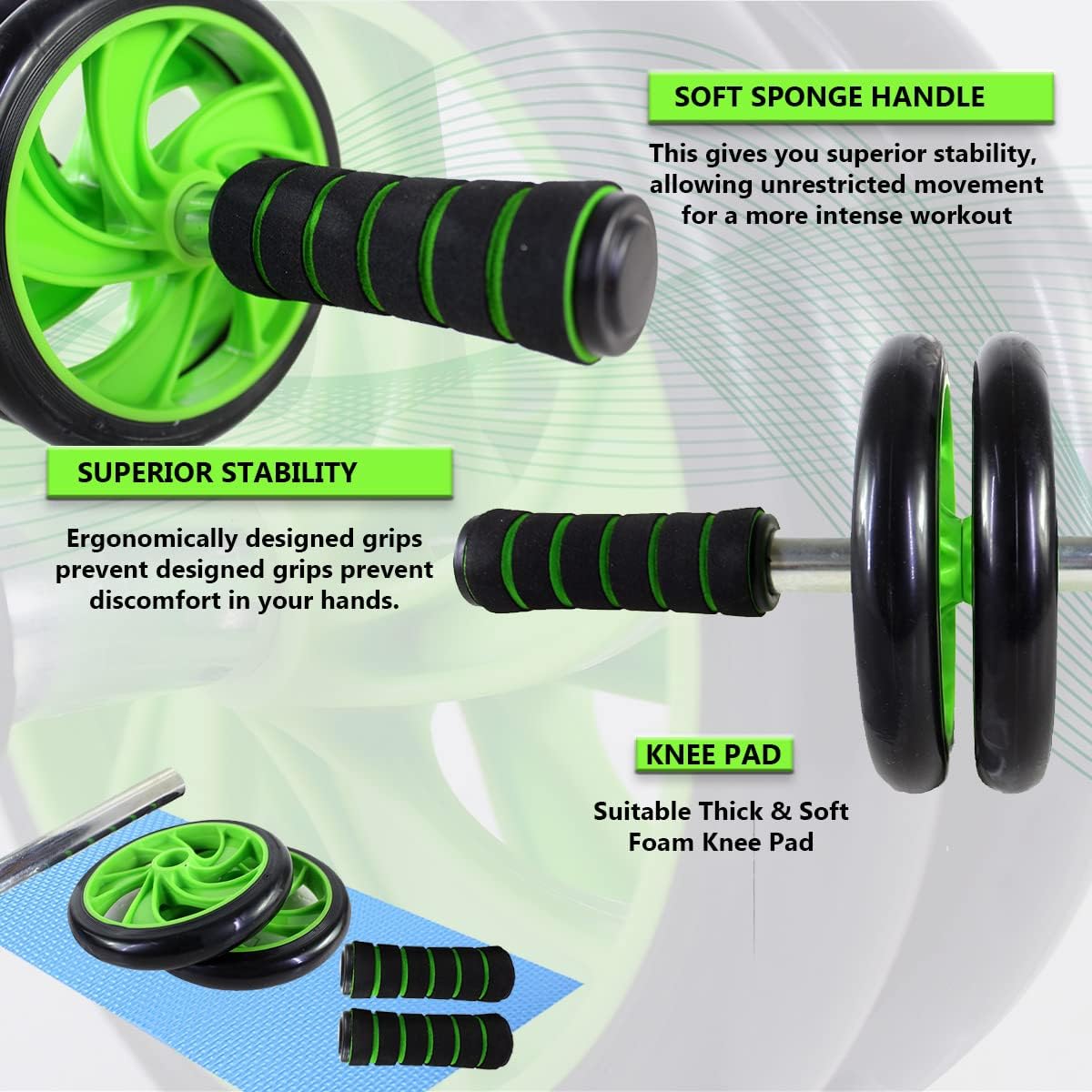 Fitness Pro | Ab Roller Wheel with Knee Mat | Abs Workout Equipment | For Abdominal & Core Strength | Exercise Wheels for Home Gym | Built In Spring Resistance | Home Workout Equipment (Green)