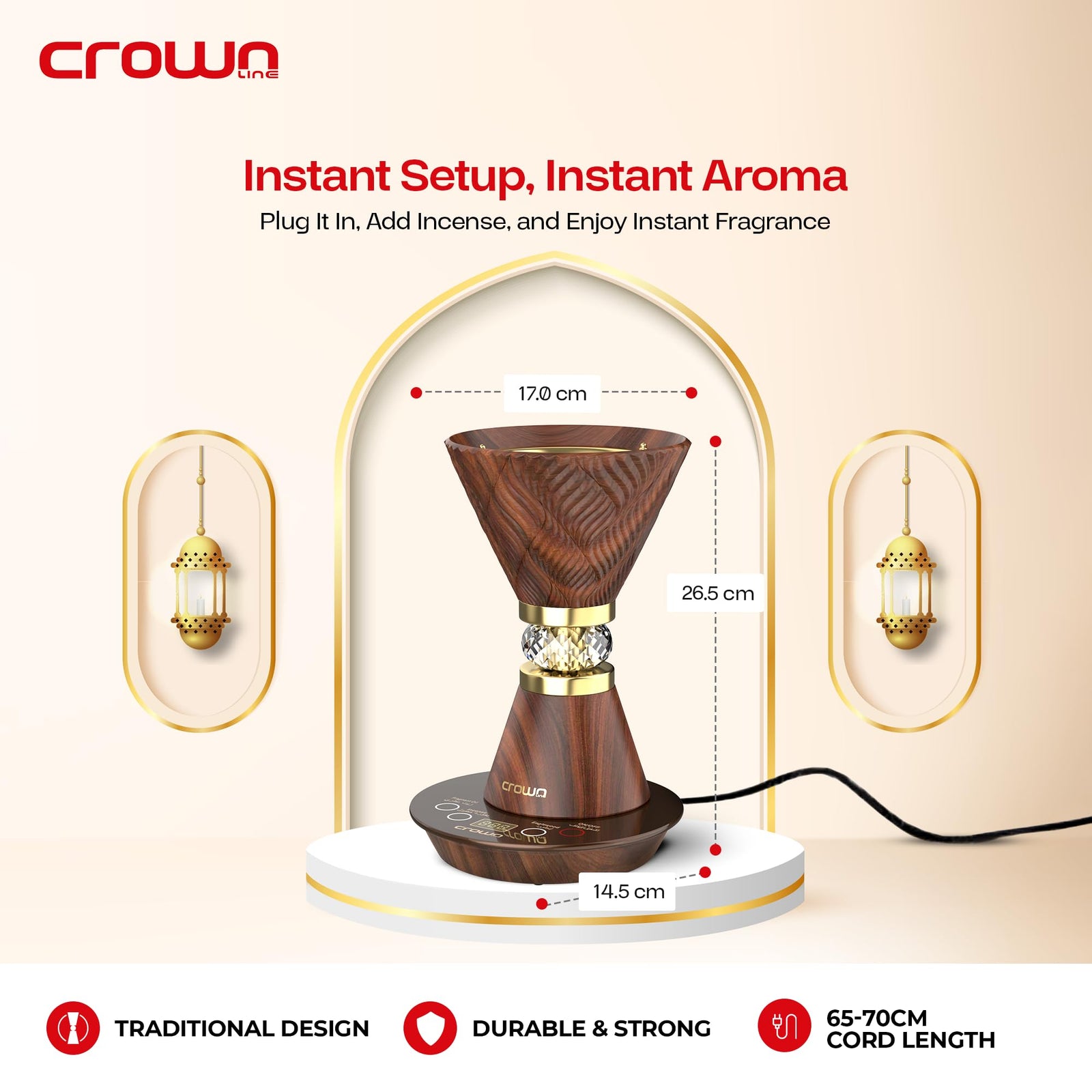 بخر البخور الكهربائي من كراون لاين بين الأناقة والتقنية الحديثة ليمنحك تجربة عطرية فاخرة. يتميز بنظام تحكم ستريكس بخمس نقاط مع إمكانية ضبط درجة الحرارة بدقة، مما يسمح بإطلاق روائح البخور والعطور والزيوت العطرية