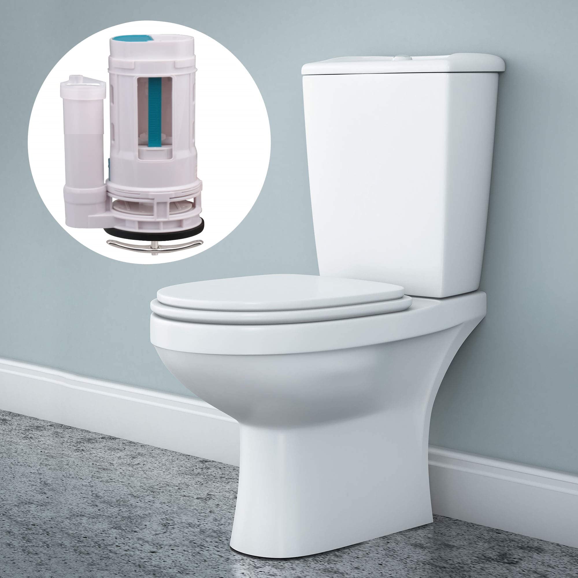 نظام تدفق مزدوج من رويال أبيكس مناسب للمراحيض عالية ومنخفضة الضغط، يتميز بتصميم مضاد للشفط وآلية تعديل مستوى الماء. يوفر زرّان للتحكم في التدفق