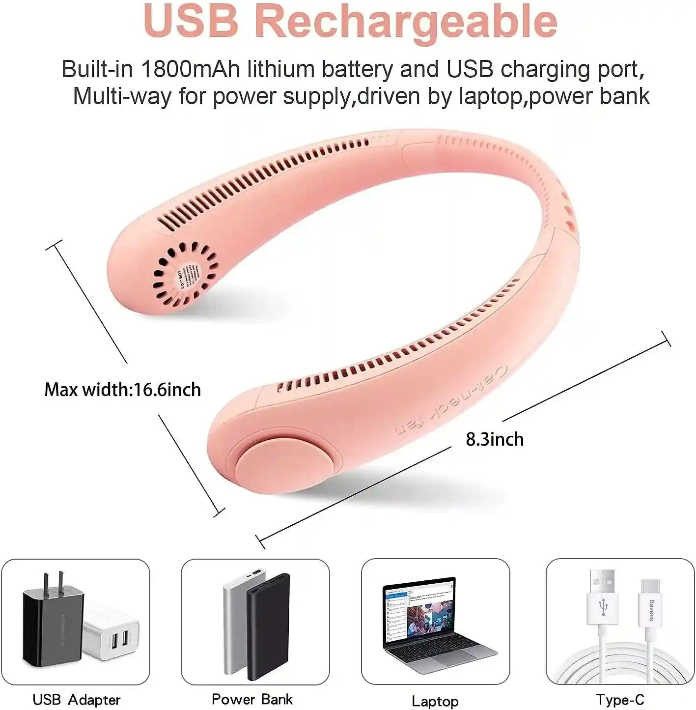  مروحة رقبة محمولة Padom – 360° بدون استخدام اليدين، قابلة للشحن USB، 3 سرعات 