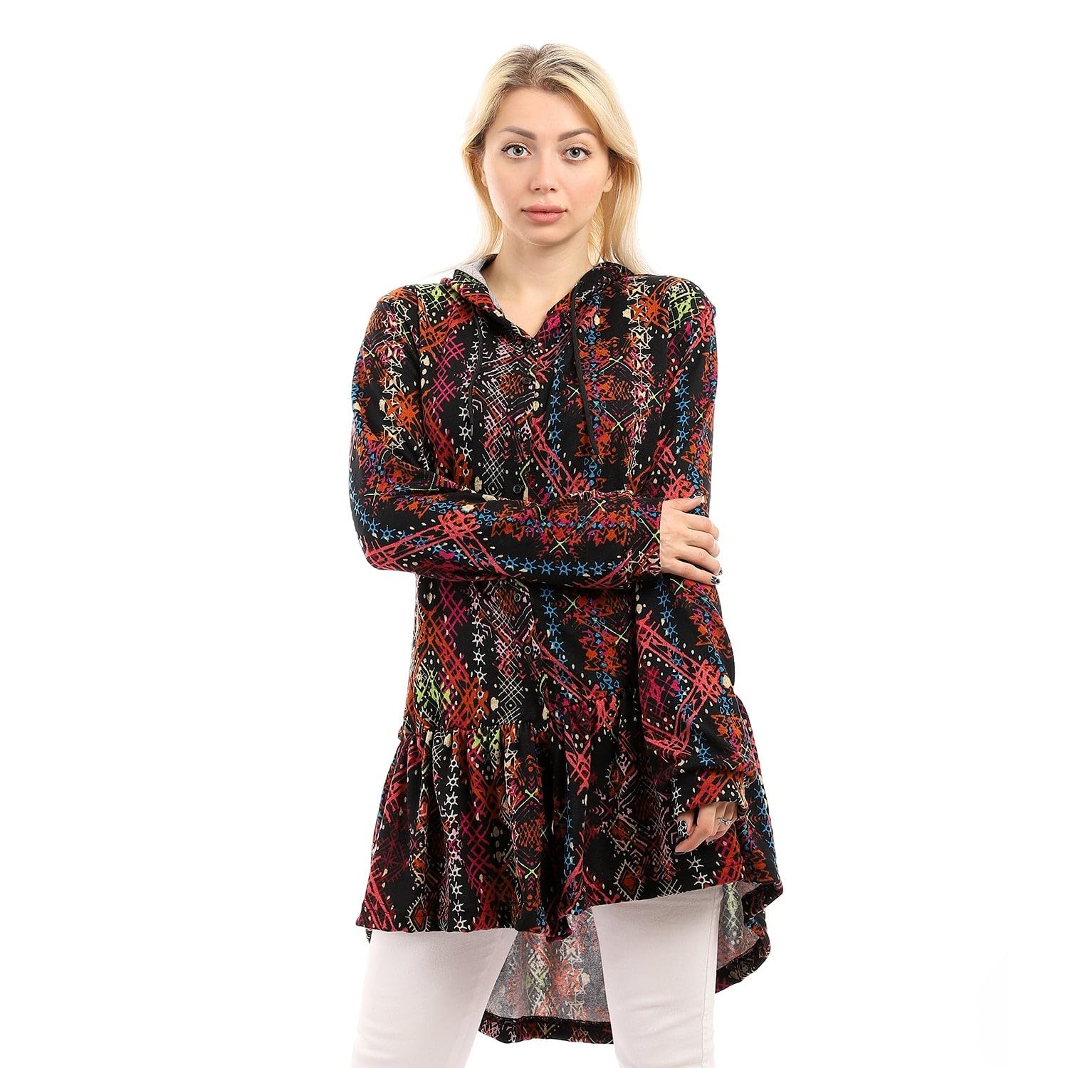 Andora Hi-Low Ruffle Trim Patterned Winter Blouse For Women,Easy-care construction for regular wear.