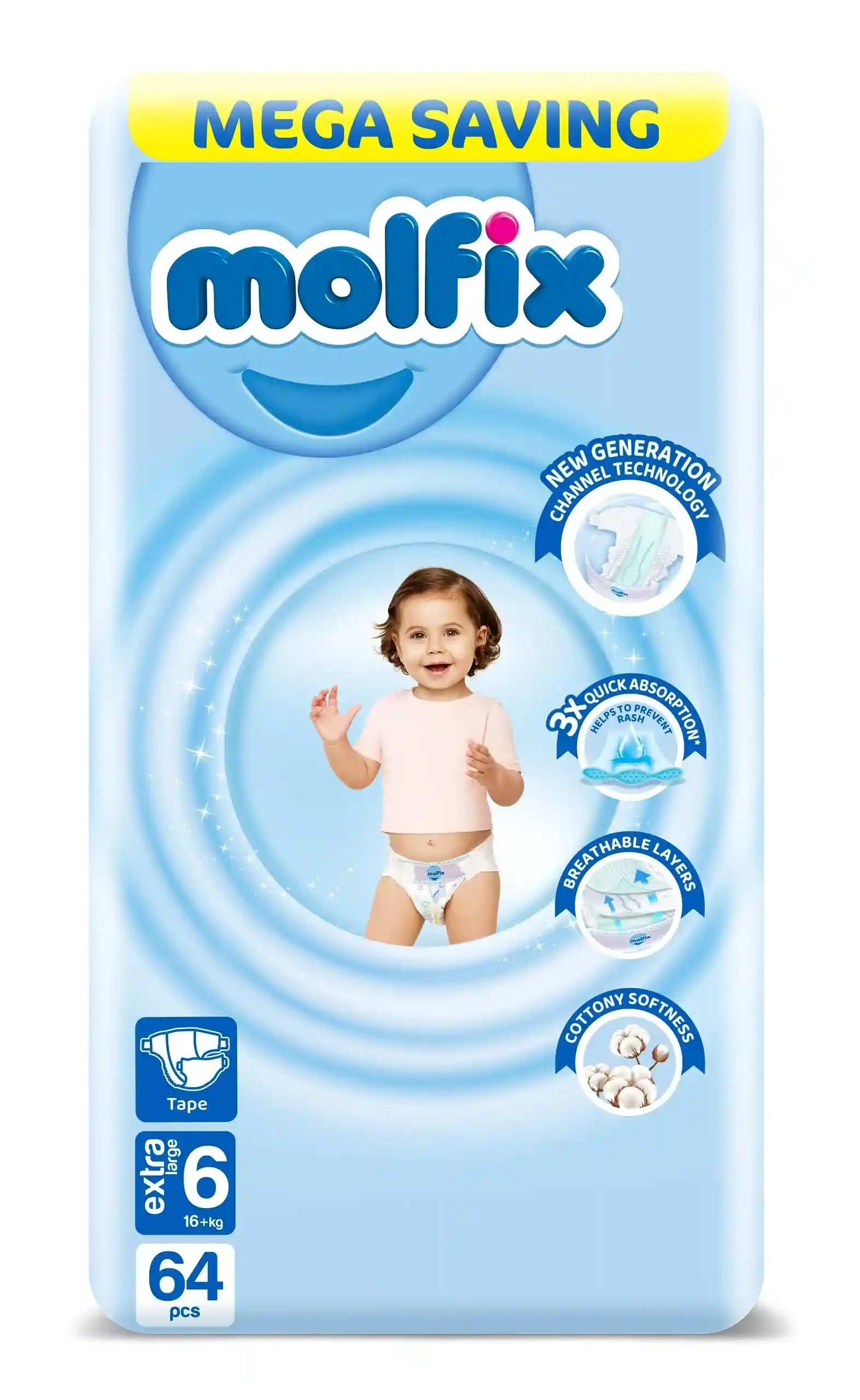 Molfix - Baby Diapers - Mega Pack - Xlarge Size 6 - 64 Pieces