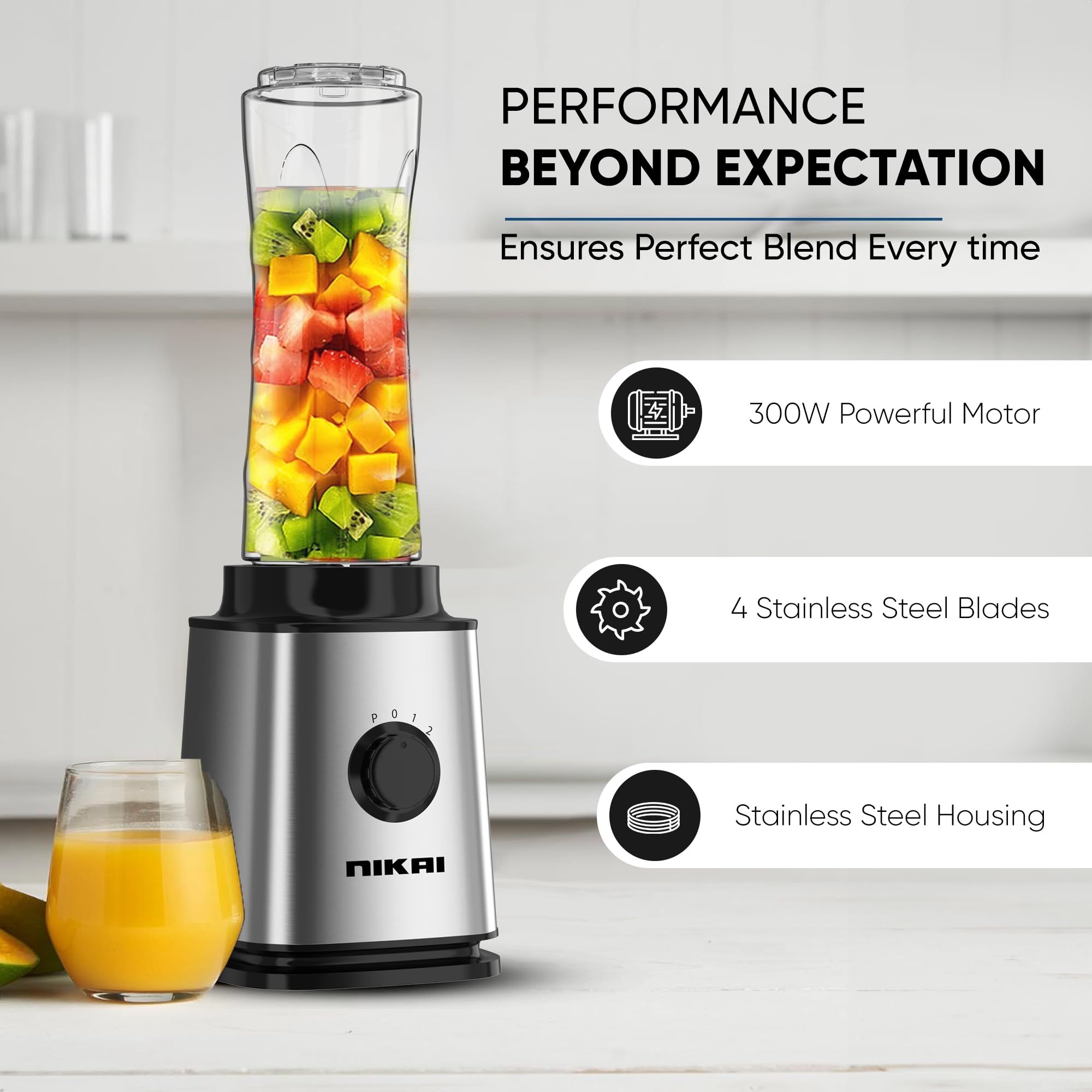 Nikai 300W Smoothie Maker, 600ml Capacity, Powerful Motor for Smooth Blending, St Steel Blades, BPA-Free Tritan Bottles with Lids, Compact Design Ideal for Smoothies & Shakes NB202ST