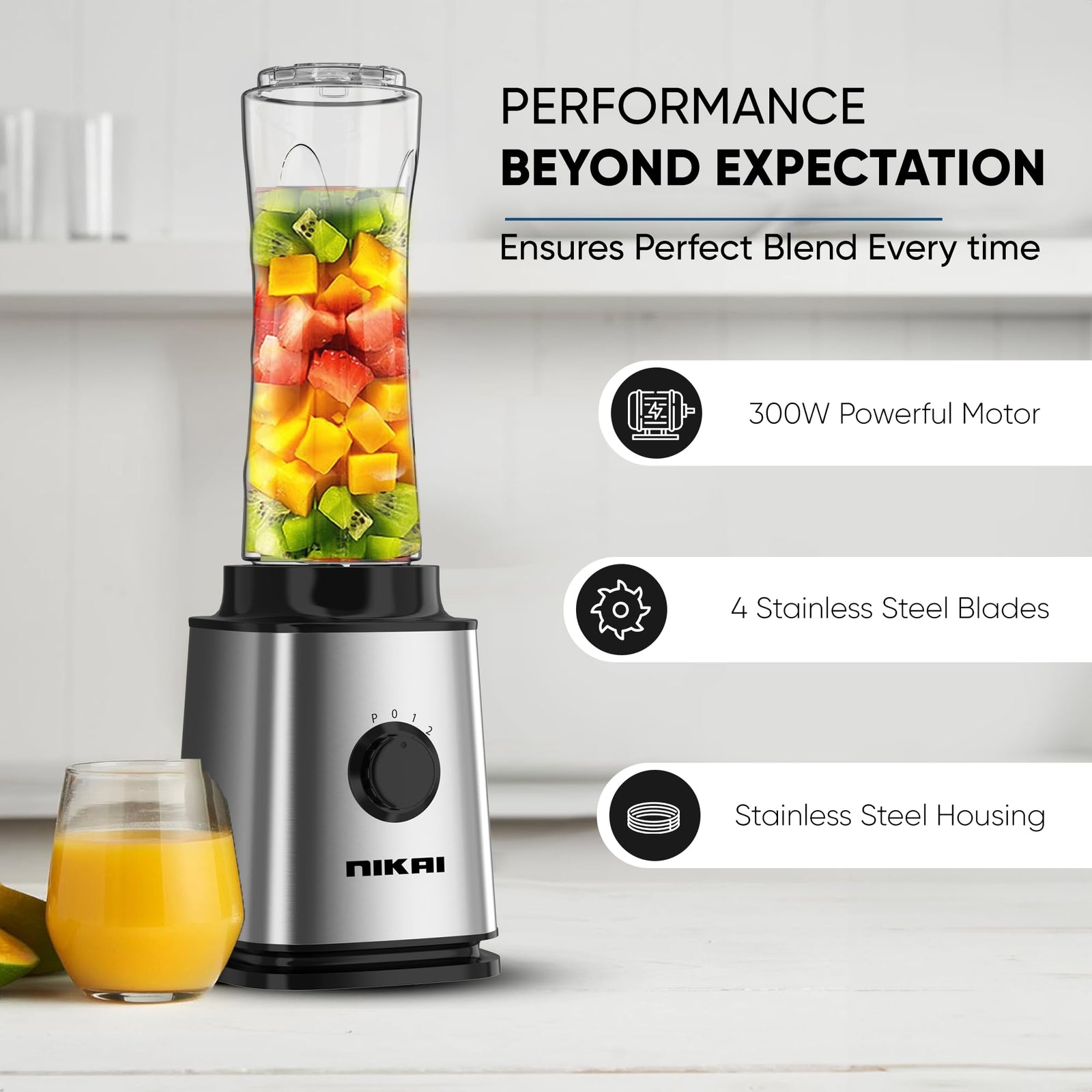 Nikai 300W Smoothie Maker, 600ml Capacity, Powerful Motor for Smooth Blending, St Steel Blades, BPA-Free Tritan Bottles with Lids, Compact Design Ideal for Smoothies & Shakes NB202ST