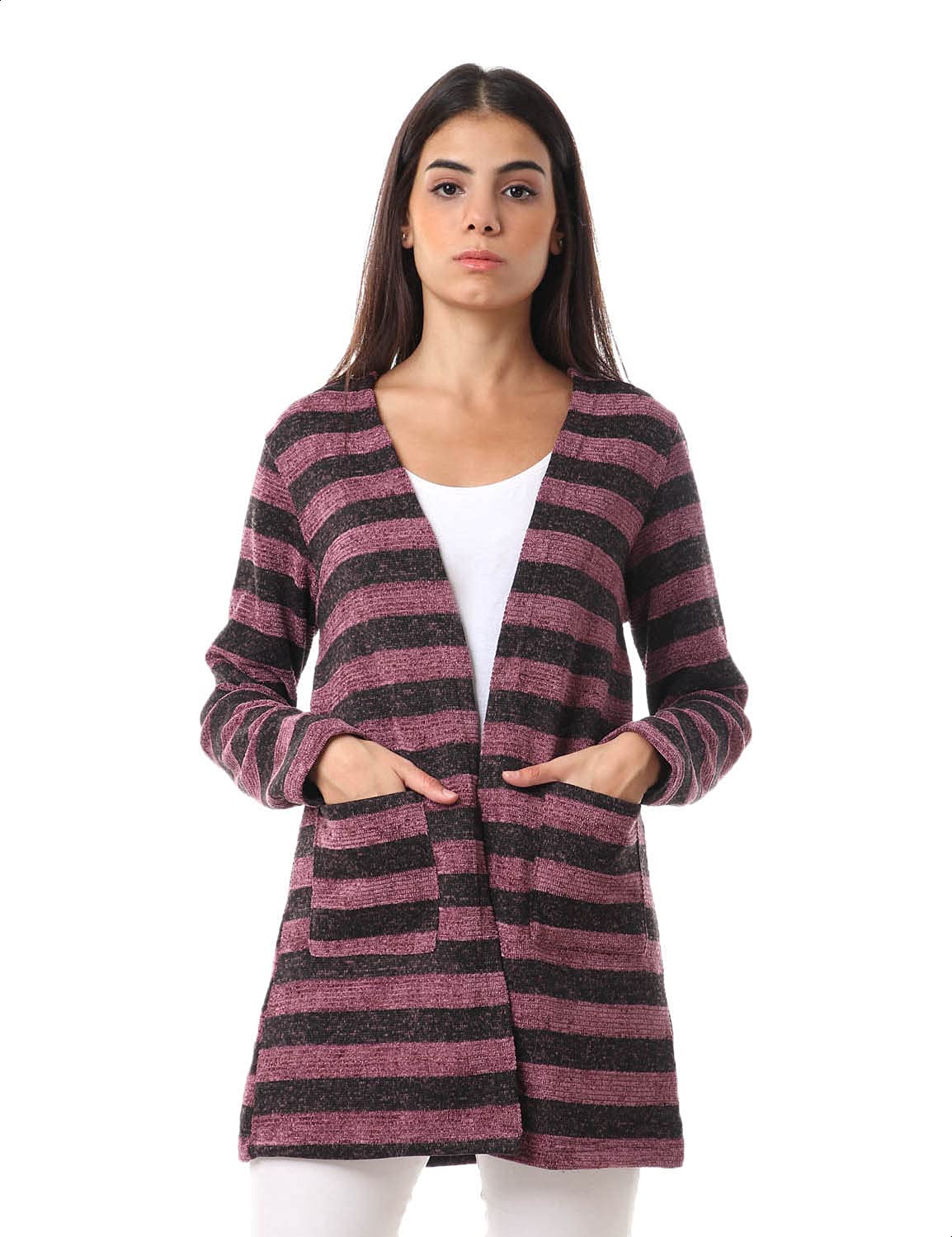 Jamila Women Striped Front Pockets Long Sleeves Open Cotton Cardigan