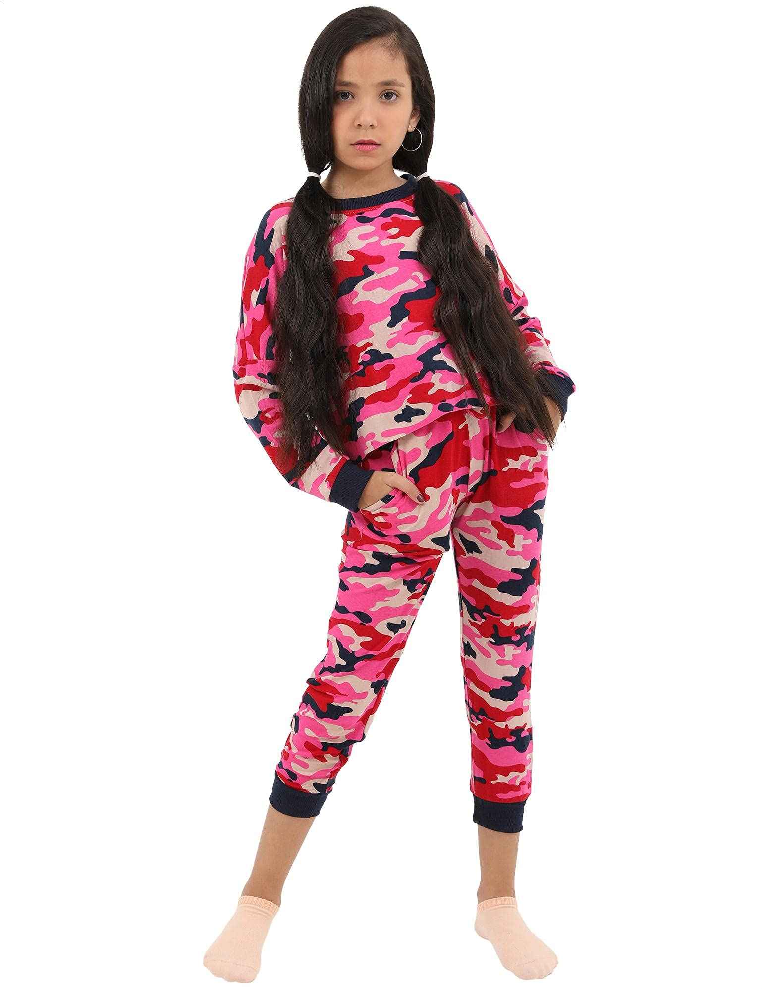 بيجامة نسائية للبنات، تي شيرت مطبوع بأكمام طويلة مع بنطلون بخصر مطاطي ورباط