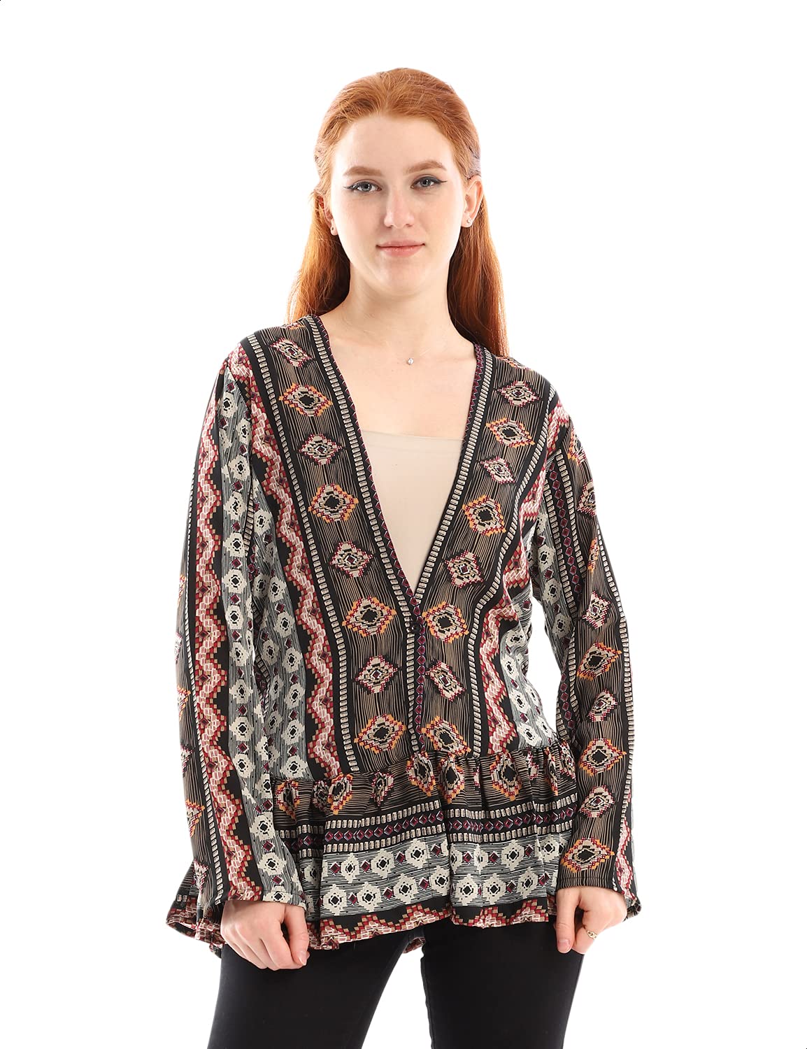 Andora Patterned Wide V-Neck Front Button Long Sleeves Blouse for Women