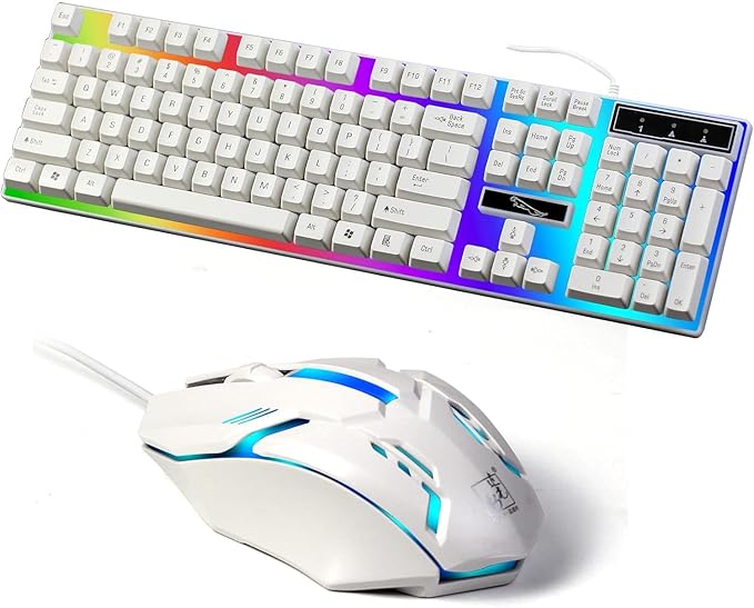 طقم كيبورد وماوس ألعاب من ماركة سكاي-تاتش USB سلكي LED لون أبيض