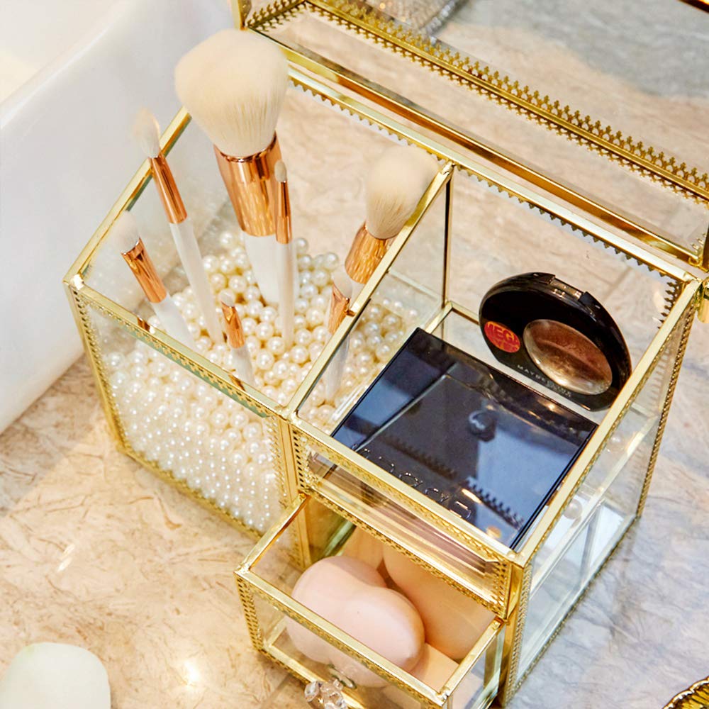 PuTwo Large Handmade Vintage Brass Edge Makeup Brush Organizer