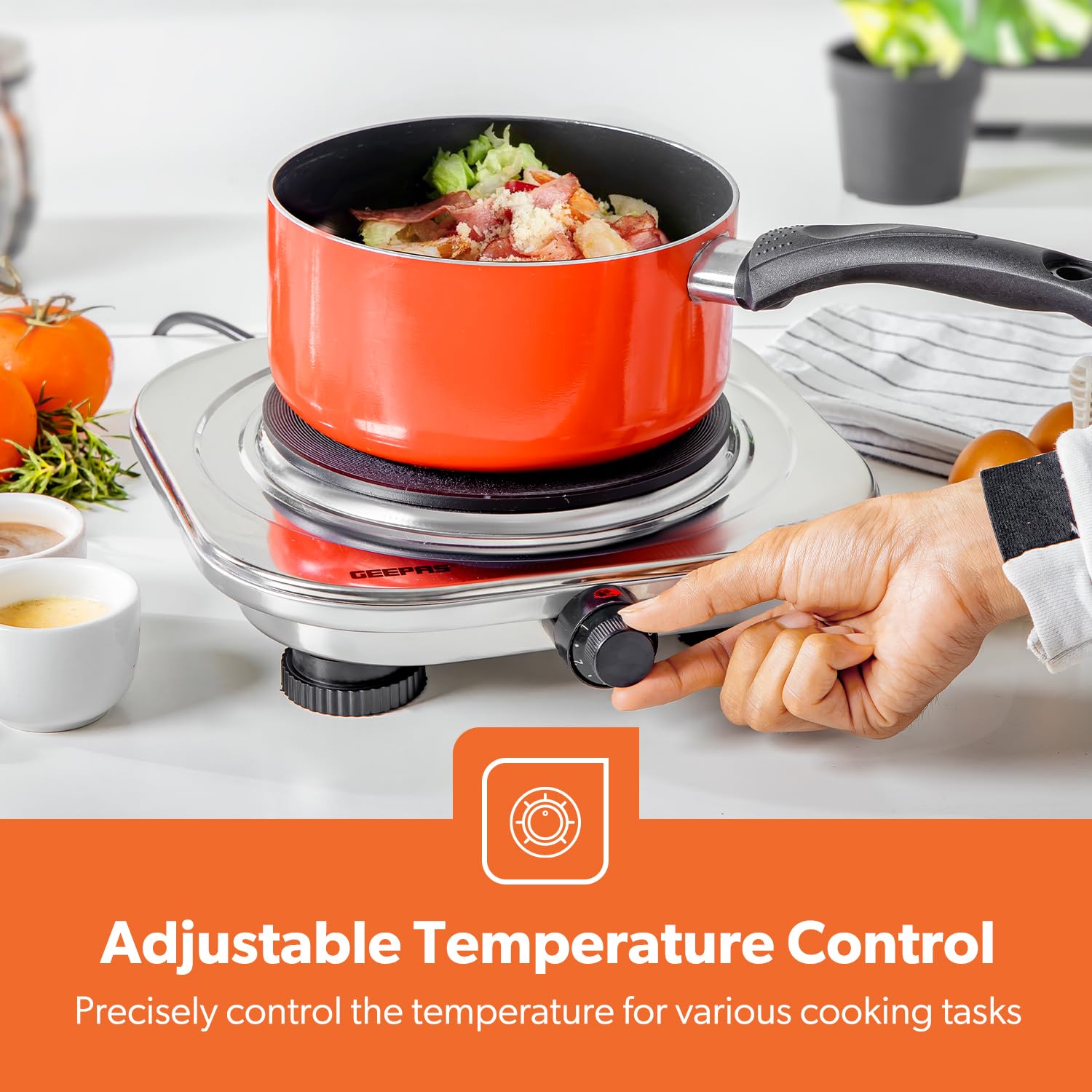 موقد كهربائي مفرد من جيباس – 1500 واط، ستانلس ستيل، تحكم حراري قابل للتعديل، حماية من الحرارة الزائدة (GHP32023)